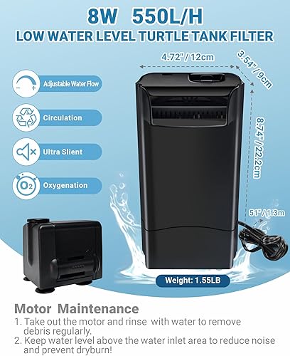 Miniatura 2 de GOZILLA Filtro de tanque de tortuga de 148 GPH de 8 W, flujo de agua ajustable, filtro de acuario para tanque de bajo nivel de agua, filtro de
