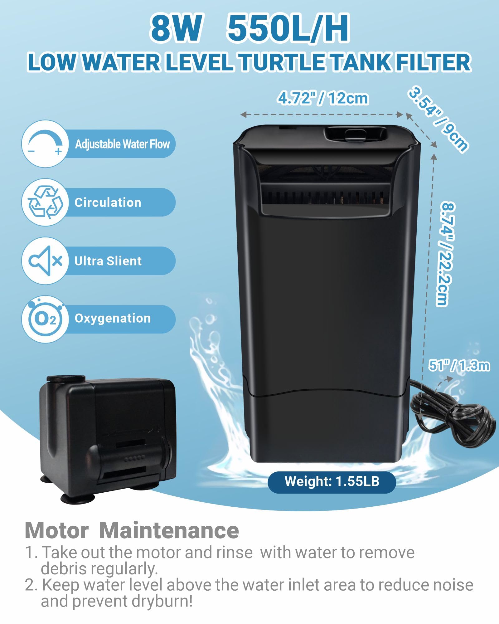 GOZILLA Filtre de réservoir de tortue à débit d'eau réglable 560L/h, ultra silencieux pour aquarium à faible eau avec 2 cartouches (noir)