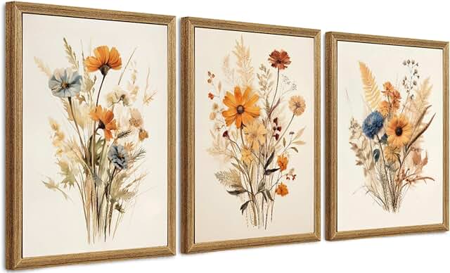 Framed Vintage Wildflower Canvas Wall Art Floral Set of 3 Country Farmho...