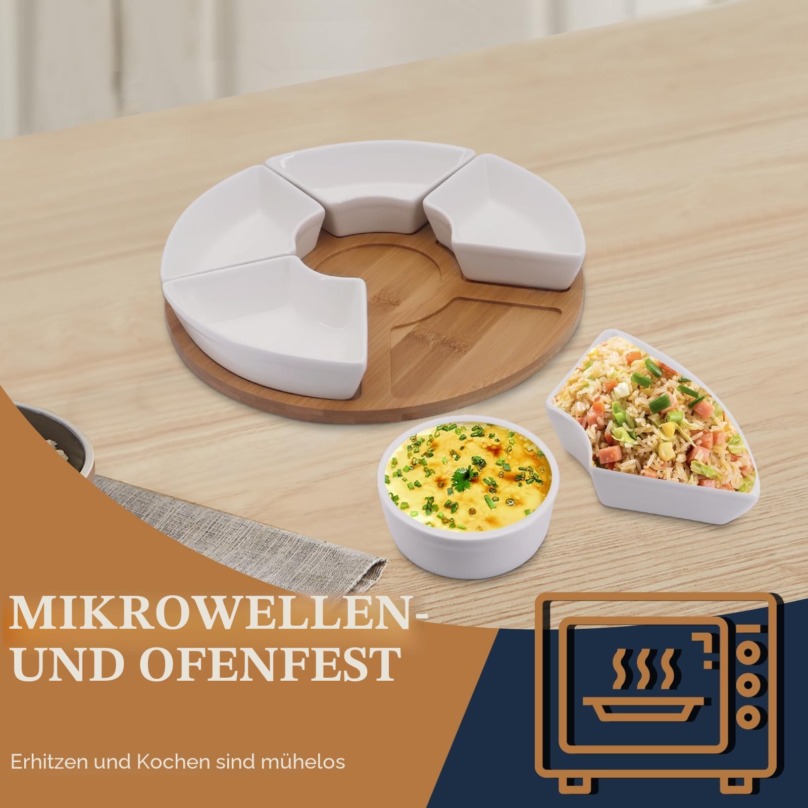 Drehbares Dip-Set,Lazy Susan Dip Set,Snackteller,Keramik Serviertablett mit Bambusplatte,geteilte Servierplatte mit 6 Schalen aus weißem Porzellan, für Vorspeisen, Obst,Süßigkeiten