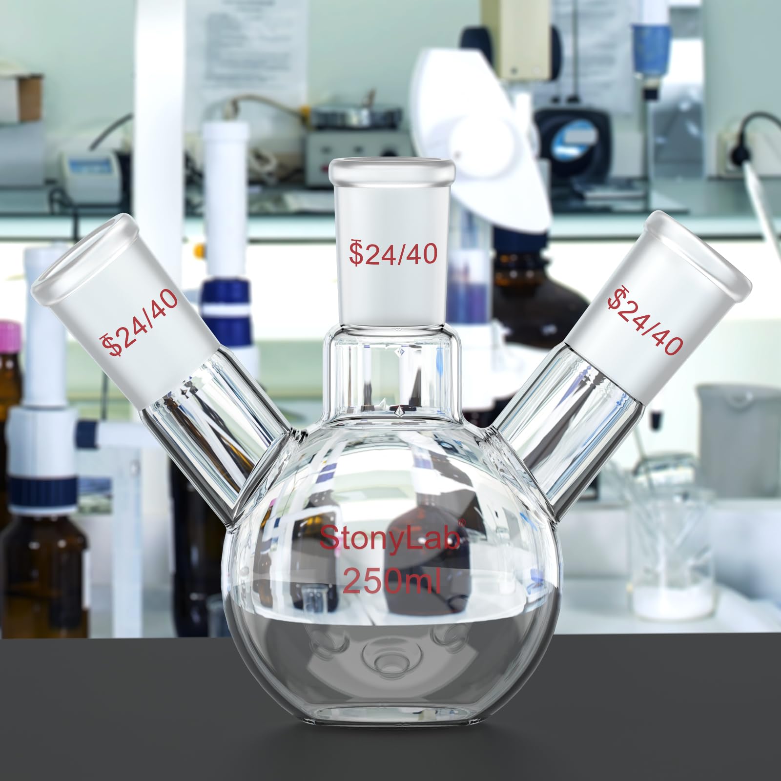 stonylab Pallone a Fondo Piatto a 3 Collo, Vetro borosilicato, Giunto Conico Standard 24/40, Pallone da Reazione per Laboratorio di Chimica, Capacità 250 ml