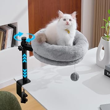 BYBYME Cat Desk Bed for Indoor Cats, Kitty Bed for Worktable Supports 44 lbs, 360 Rotation & Adjustable, Soft Cat Nest Desktop with Hanging Ball for Office Desks Home Tables, 12" in DiameterGray