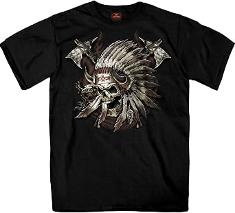Hot Leathers GMS1550 Mens SS JP Indian Chief Graphic T-Shirt Bold Warrior Skull Headdress & Battle Axes Tee
