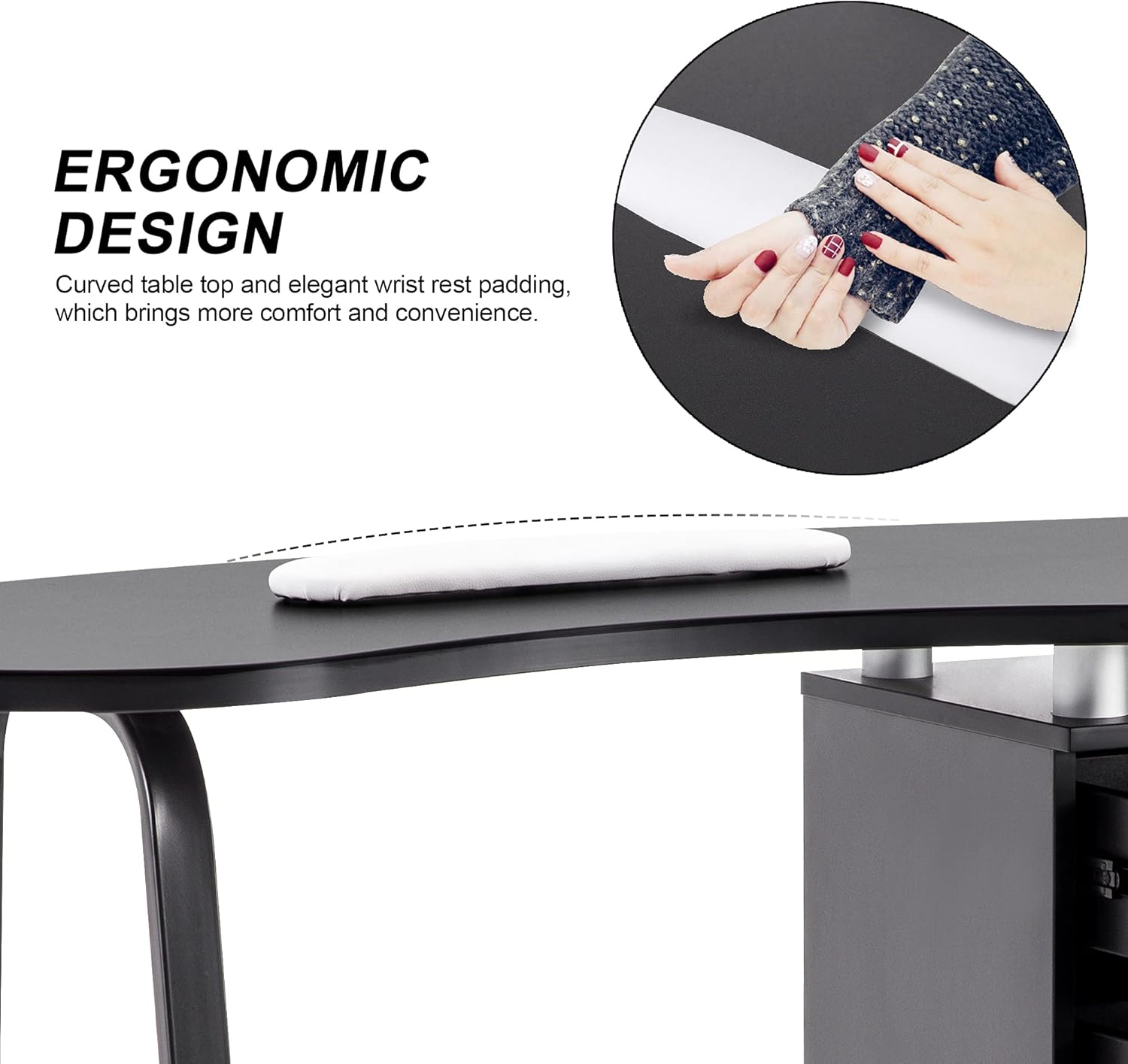 Black Ergonomic Manicure Table with Drawers and Wheels
