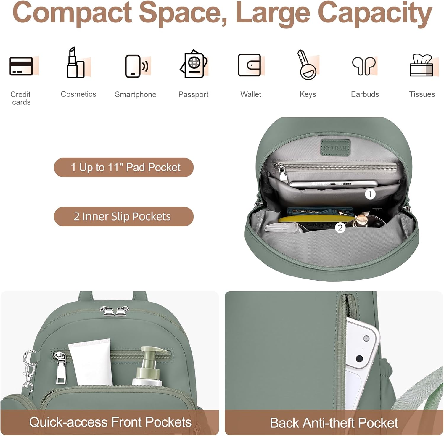 Mini Backpack for Women Small Backpack Purse, Anti Theft Backpack Waterproof Lightweight Puffer Back packs for Travel, Work with Coin Purse Green - Image 6