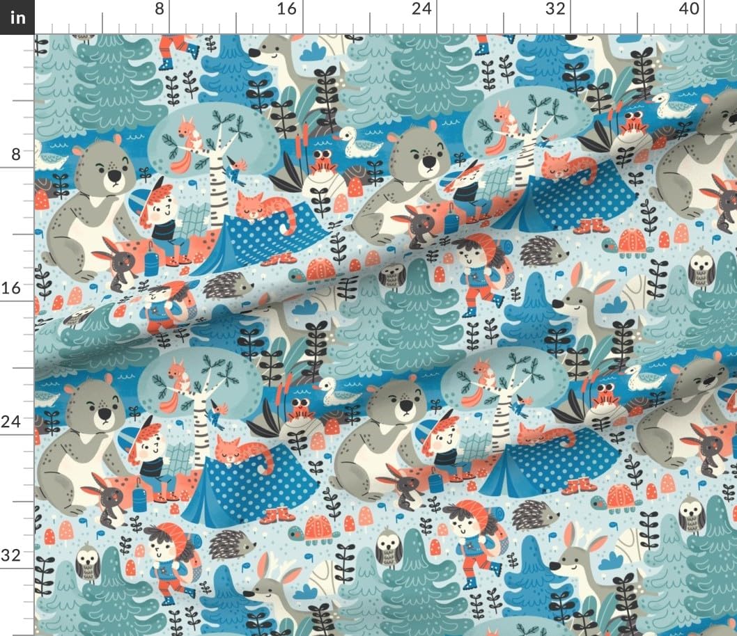 Spoonflower Fabric - Whimsical Hike Blue Woodland Animals Camping Outdoor Hiking Printed on Petal Cotton Fabric Fat Quarter - Sewing Quilting Apparel Crafts Decor