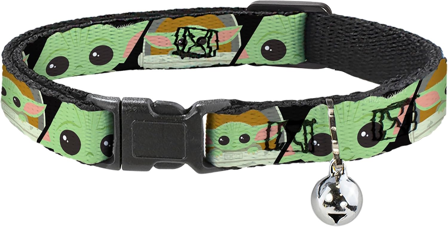 Star Wars Breakaway Cat Collar | Star Wars The Child Chibi Face Blocks Black Durable Adjustable Bell ID Tag Ring