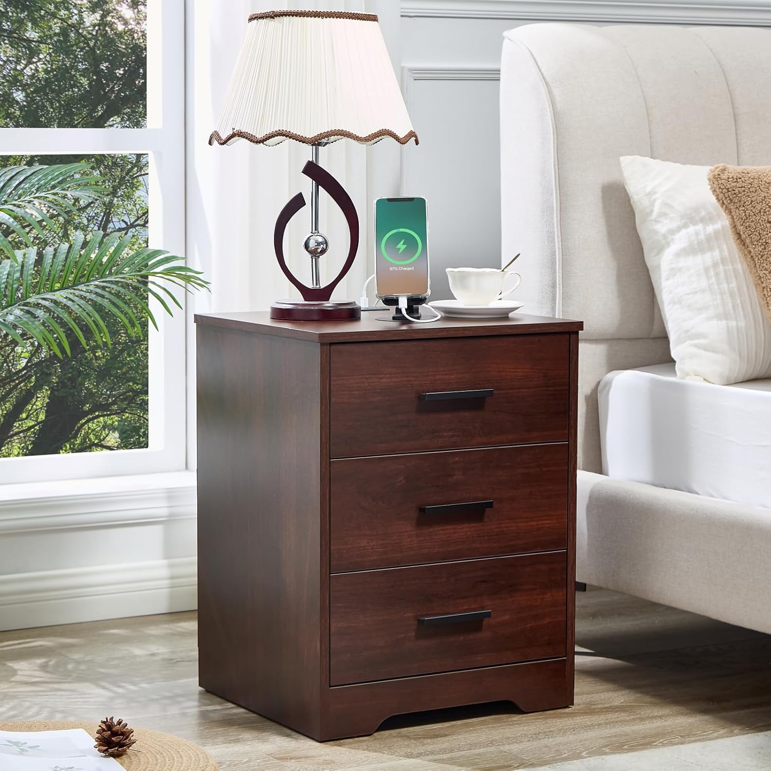 LIDYUK 3 Drawer Wood Dresser Nightstand with Charging Station, Modern Minimalist Bedroom Side Table, Dark Cherry 21"