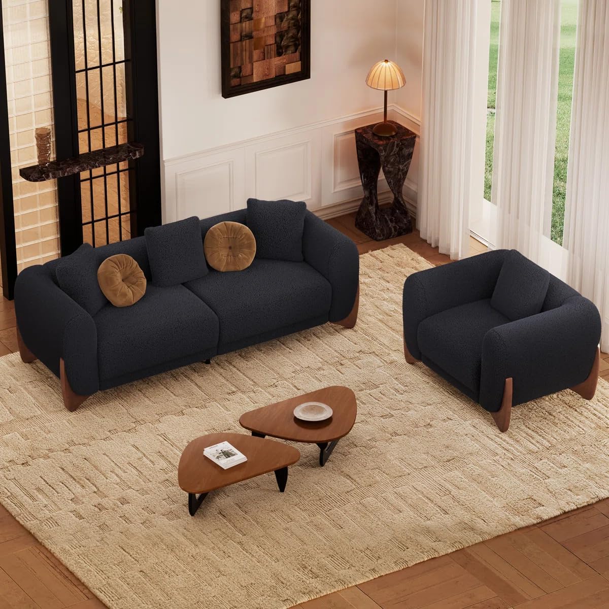 Wooden 3+1+1 Seater Sofa Set | Solid Wood Frame | Premium Fabric Upholstered Sofa | 5 Seater Wooden Sofa Set for Living Room 3+1+1 White (Black, 4 Seater)-image-14