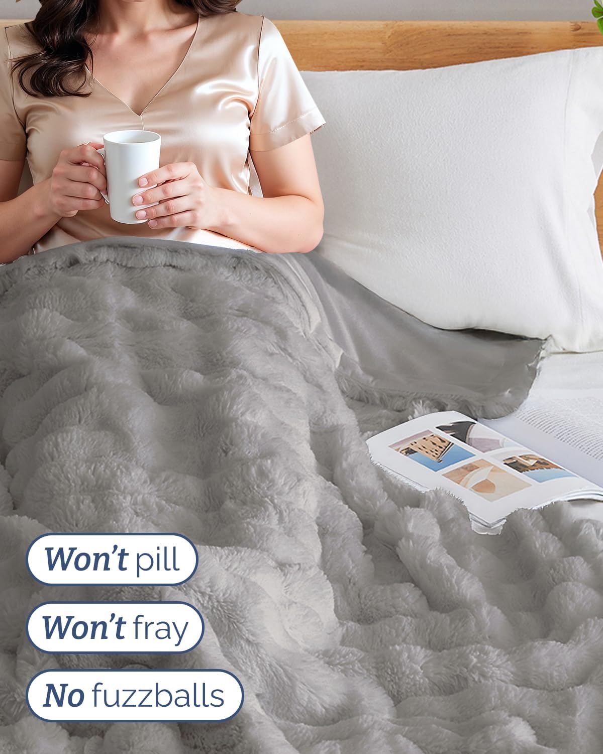 Faux Fur Throw Blanket - Throw Size Bubble Blanket - 50" x 60", Grey image 4