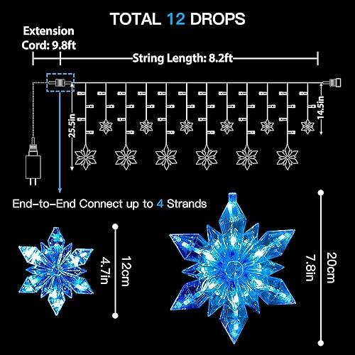 Miniatura 6 de Luces de carámbano de copo de nieve para exteriores, 8.2 pies, 144 luces LED conectables para Navidad, luces de copo de nieve para casa, aleros,