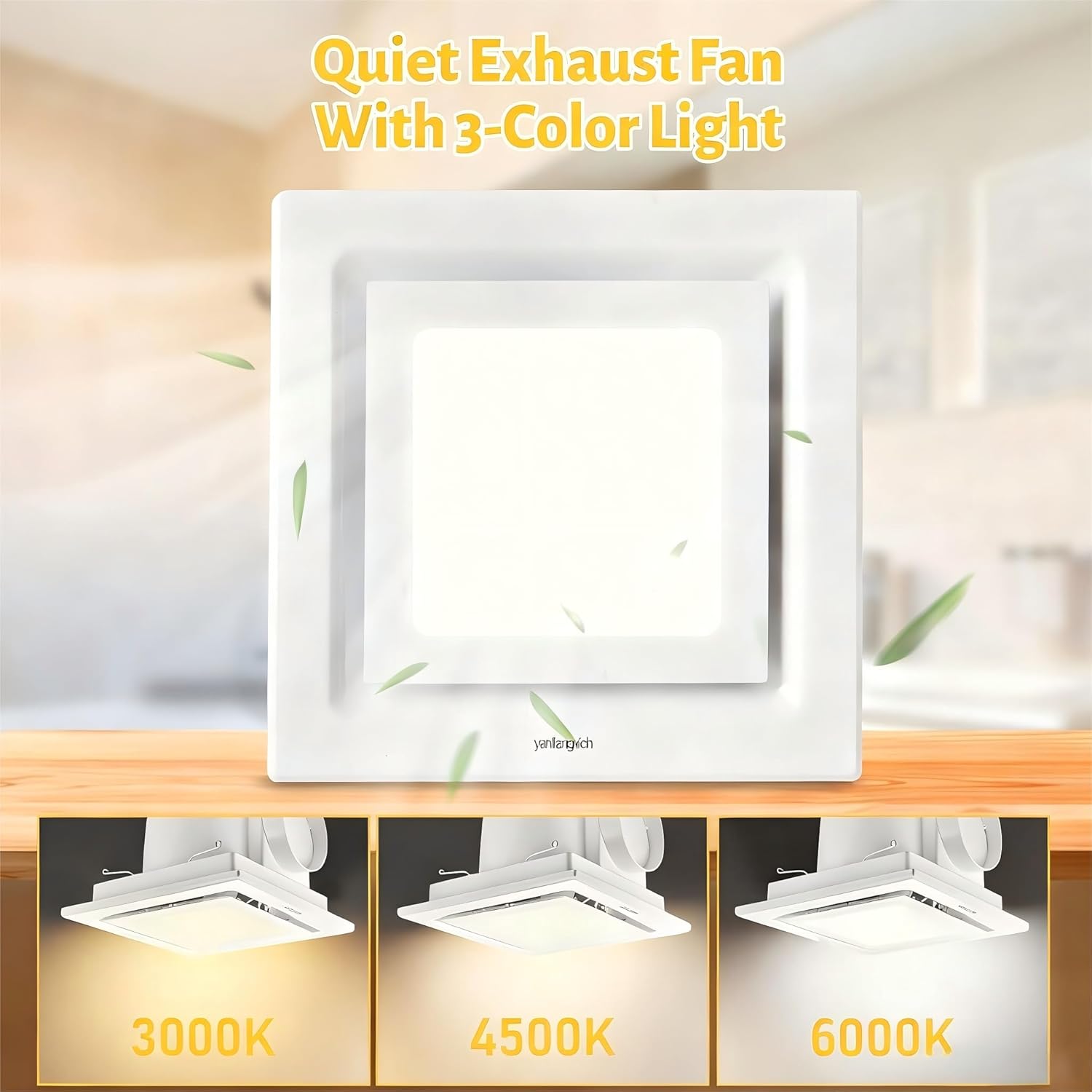 Bathroom Exhaust Fan with Light, 8-Inch Bath Fan with Light For Home, 3000K/4500K/6000K Selectable, 110 CFM Bathroom Ventilation Fan, 1.0 Sones Ultra-Quiet Exhaust Fans for Ceiling Mount