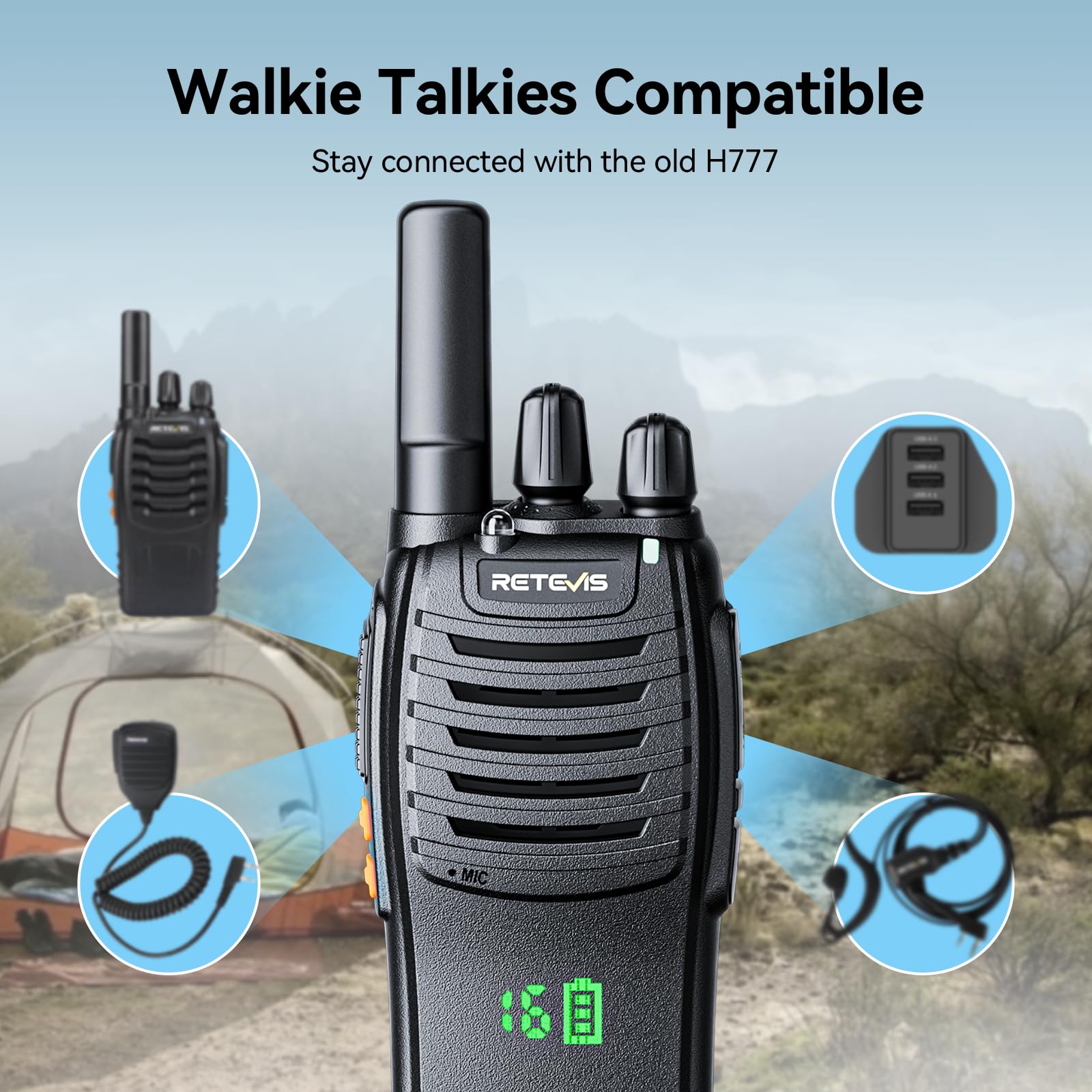 Retevis H777H Talkie Walkie, Talkie-Walkie Professionnel avec Écran, Charge de Type C et USB Chargeur, Walkie Talkie Longue Portée PMR446, VOX, Alarme Clignotantel pour Camping(Noir,3 Pcs)