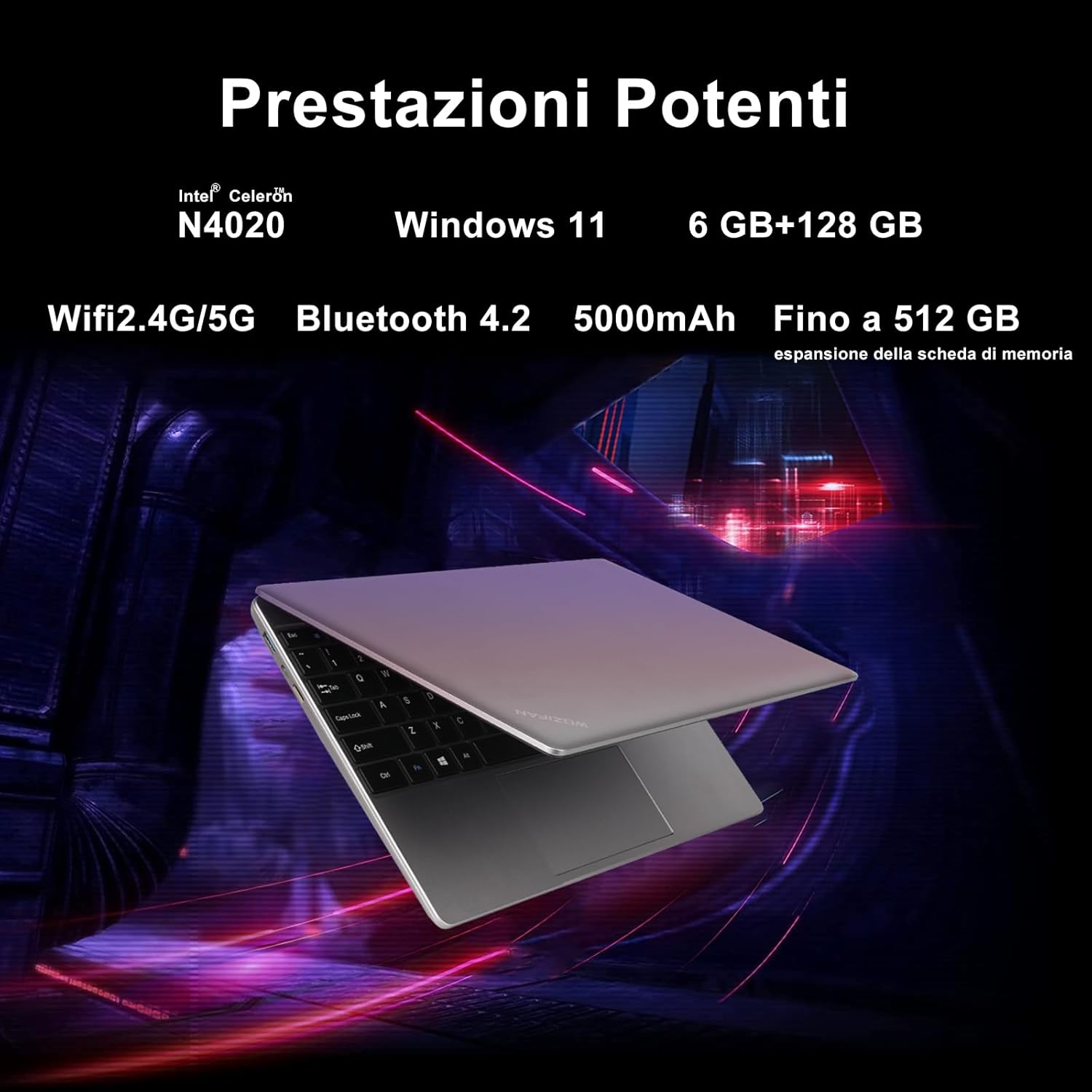 WOZIFAN PC Portatile Windows 11 Notebook 14 6+128 GB ROM 2.4G+5G WiFi Celeron N4020 upto 2.8 GHz Supporta lespansione SSD 1TB 4.2 USB HDMI Tastiera italiana membrana mouse senza fili-Grigio WOZIFAN PC Portatile Windows 11 Notebook 14 6+128 GB ROM 2.4G+5G WiFi Celeron N4020 upto 2.8 GHz Supporta lespansione SSD 1TB 4.2 USB HDMI Tastiera italiana membrana mouse senza fili-Grigio