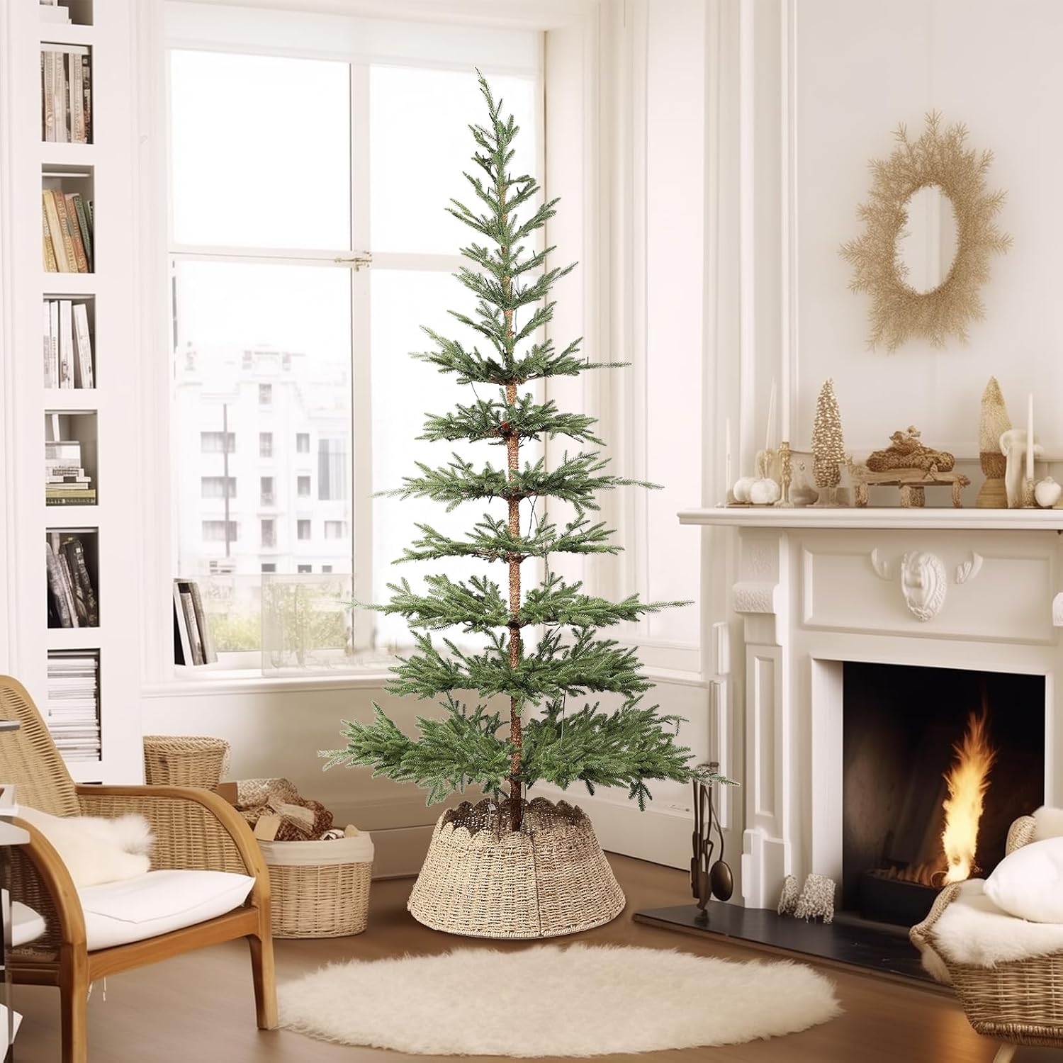 WBHome 24in Christmas Tree Collar, Woven Hyacinth 4-Piece Holiday Rattan Tree Skirt Accessory for Home w/Cord Cut-Out - Natural