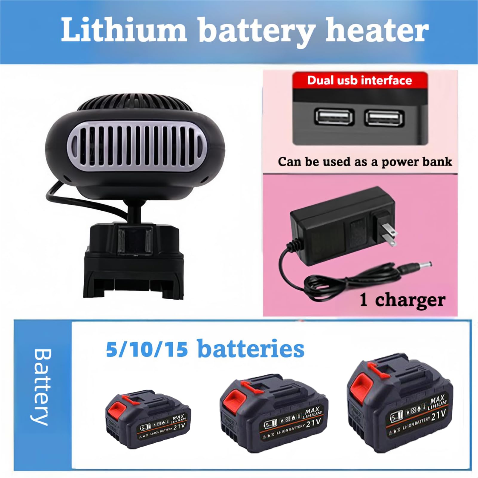 Riscaldatore Portatile Ricaricabile per Auto, sbrinatore Anti-ribaltamento con Batteria Ricaricabile da 1500 mAh x 2, riscaldatore Ambiente con termostato e 2 Porte USB per Auto, camere d 5 Batteries
