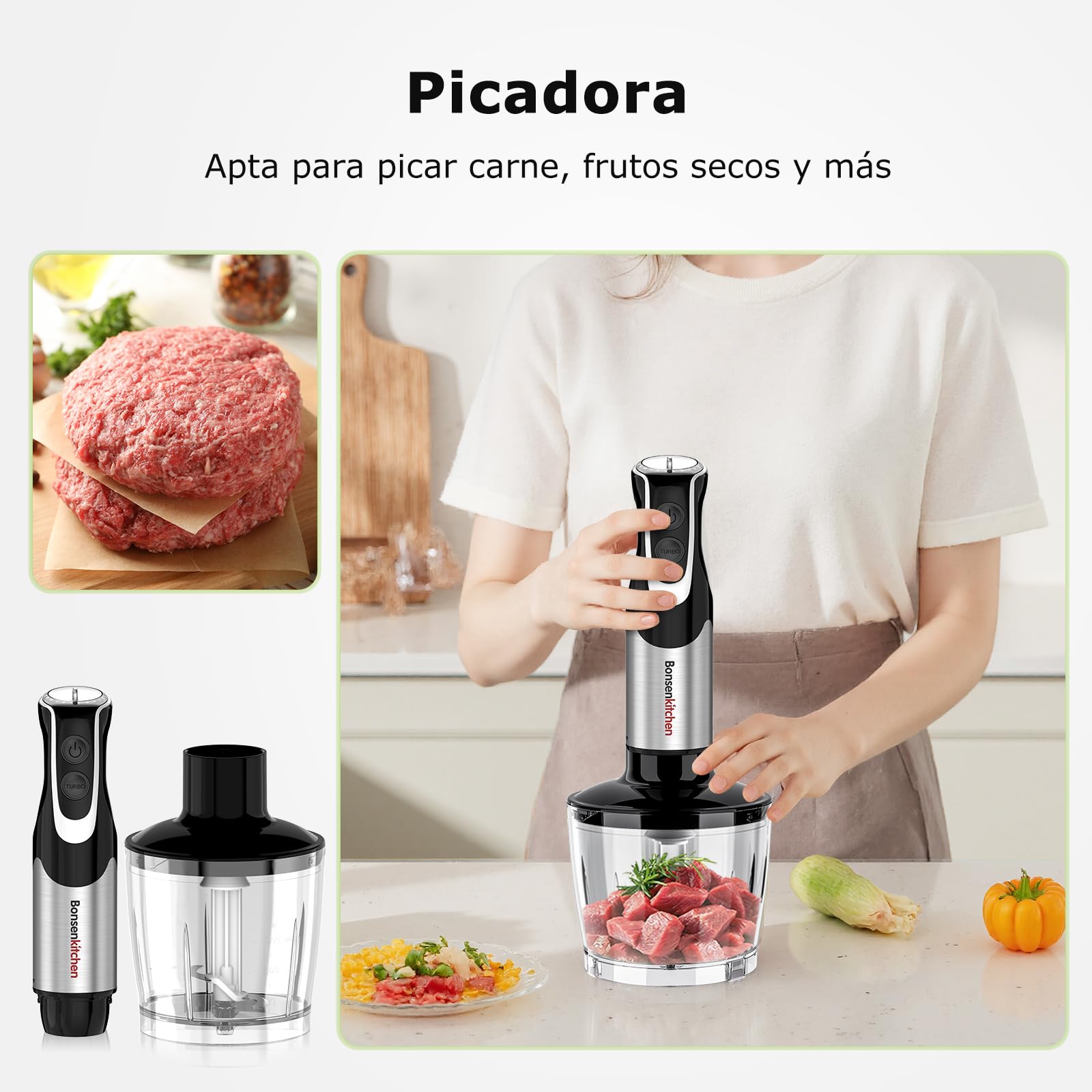 Bonsenkitchen Batidora de Mano 4 en 1, 1000W Batidora de Inmersión de Acero Inoxidable con 12 Velocidades y Función Turbo, Incluye Batidor, Vaso Medidor 700ml y Picador, Batidora Multifunción