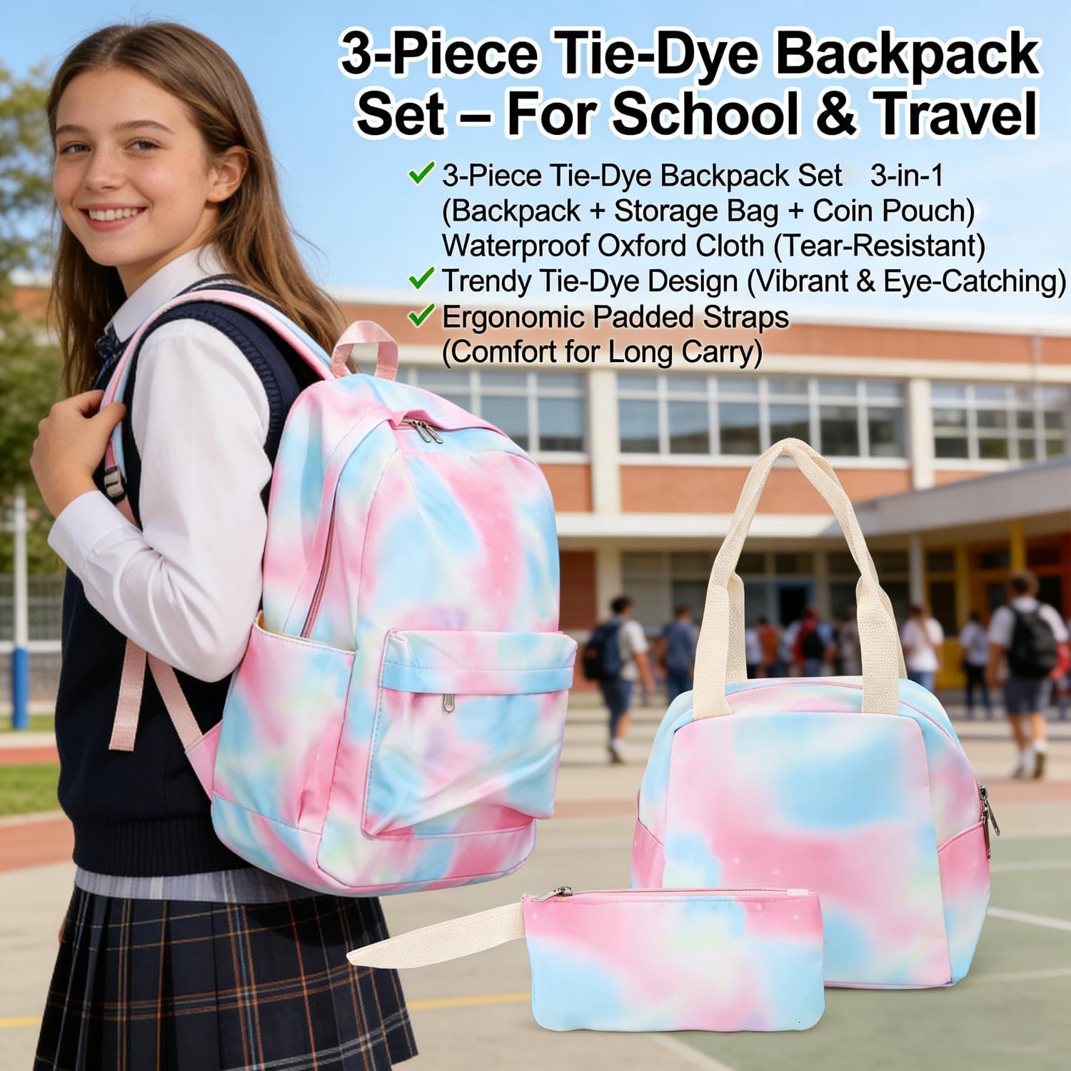 3Pcs/Set Girls School Bag Students Bookbag Teen Backpack Set Daypack with Lunch Bag and Pencil Case (Style #C)