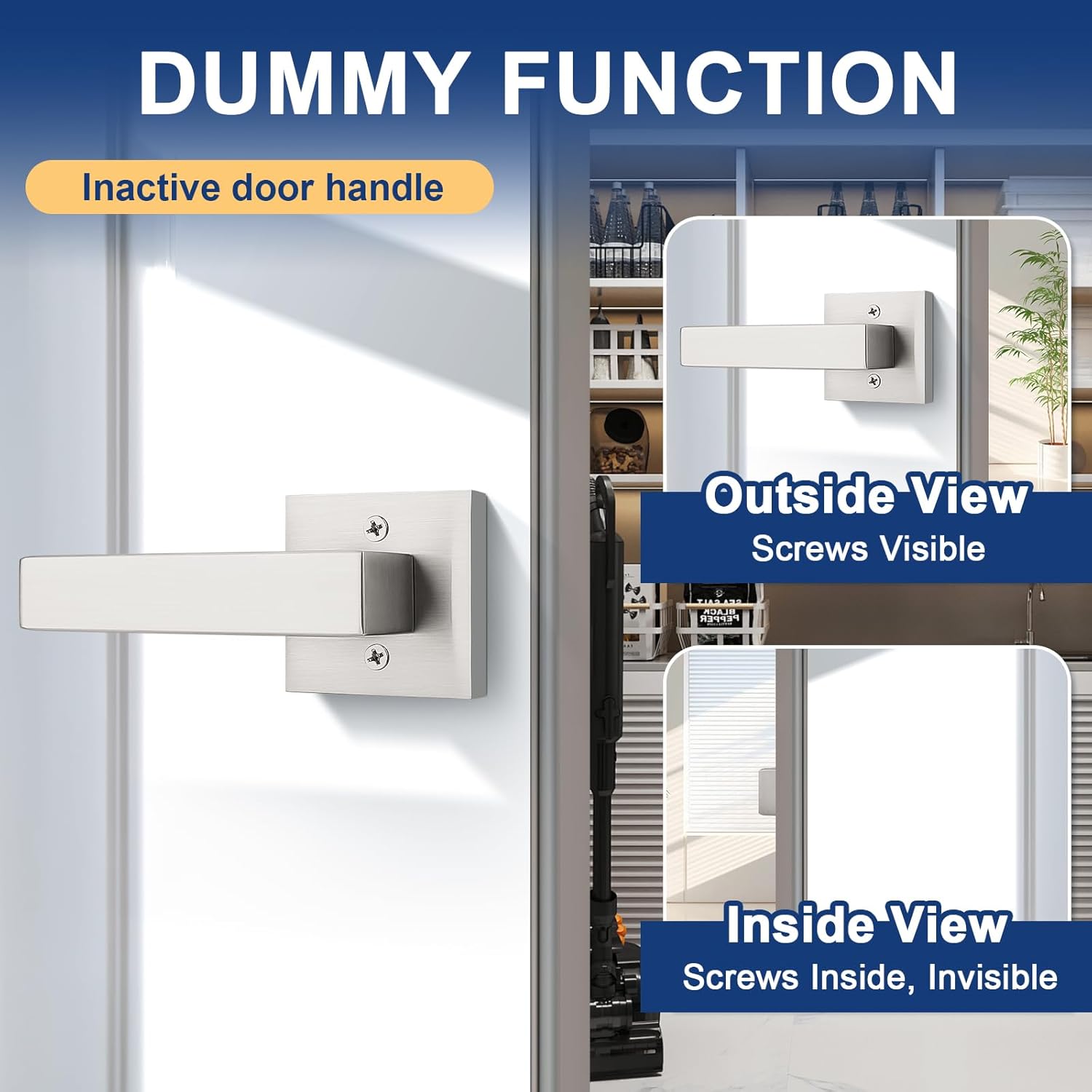 KNOBWELL 4 Pack Brushed Nickel Dummy Door Handles Modern Square Fake Door Lever for Closet/Hallway/Pantry Interior Door Knob Single Side Door Handle