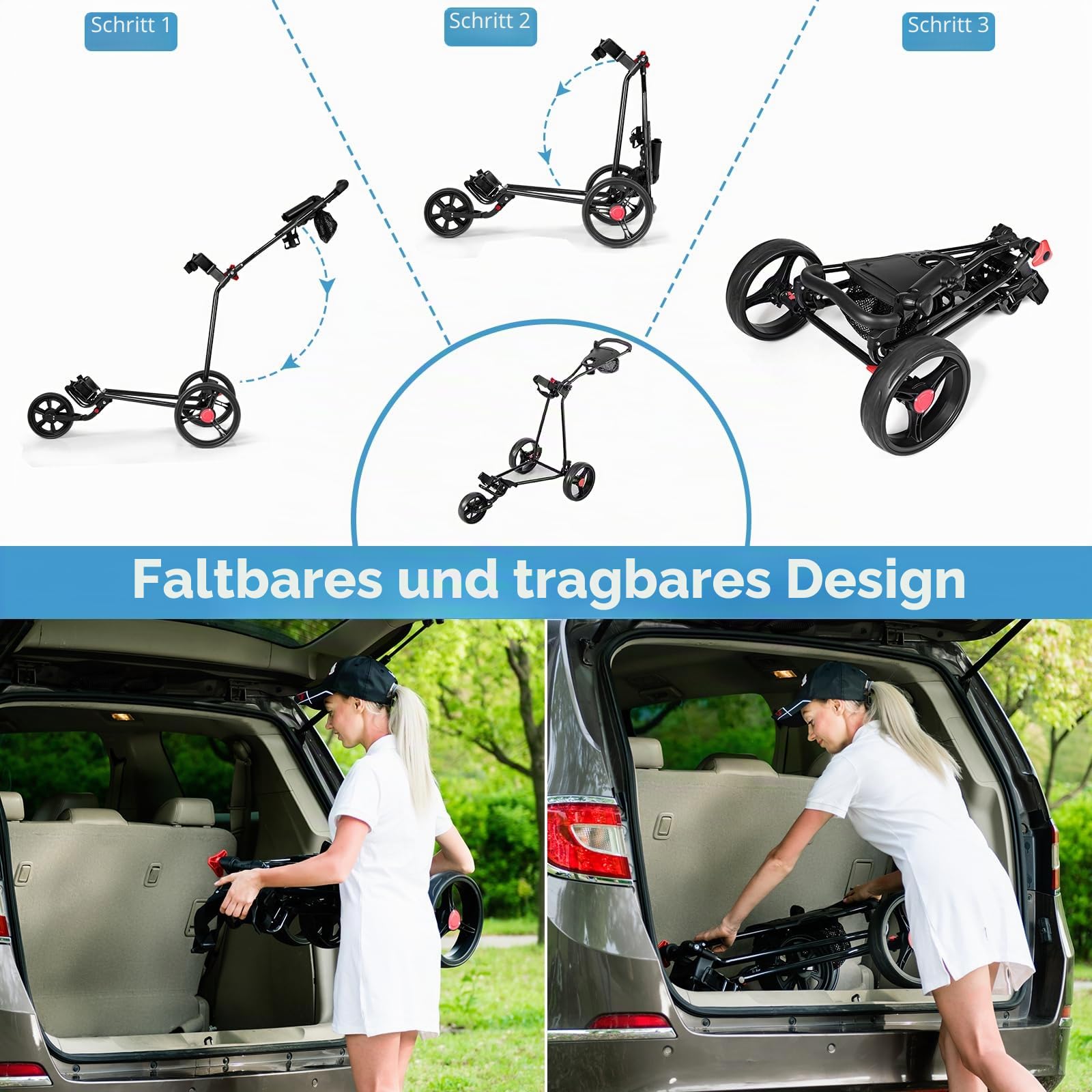 LIFEZEAL Faltbarer Golfwagen mit 3 Rädern, Golf Push Trolley mit verstellbarem Griff und Fußbremse, Golf-Caddy aus Eisen, Golftrolley mit Schirmständer, Schwarz
