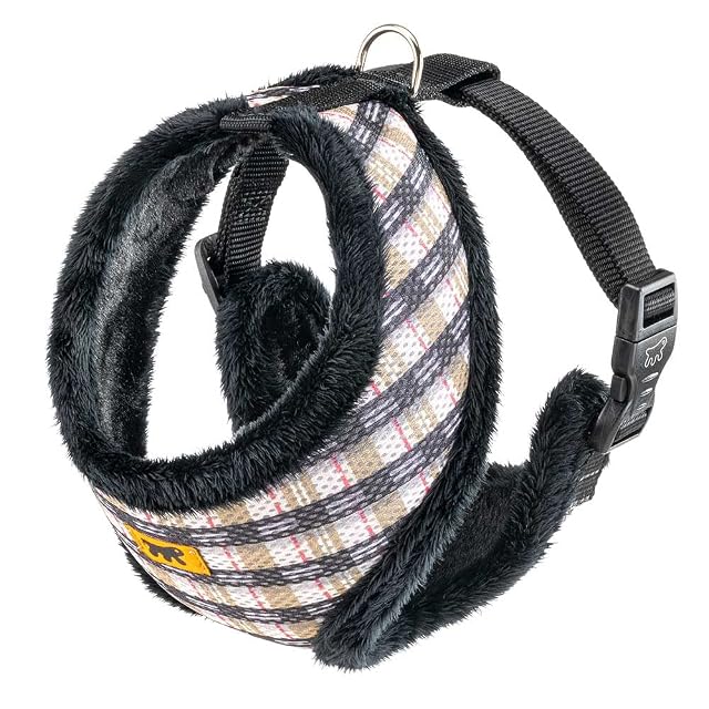 Ferplast Nikita Fur L Arnés para Perros, Transpirable, Piel Ecológica Suave, Circunferencia Ajustable, Tartán