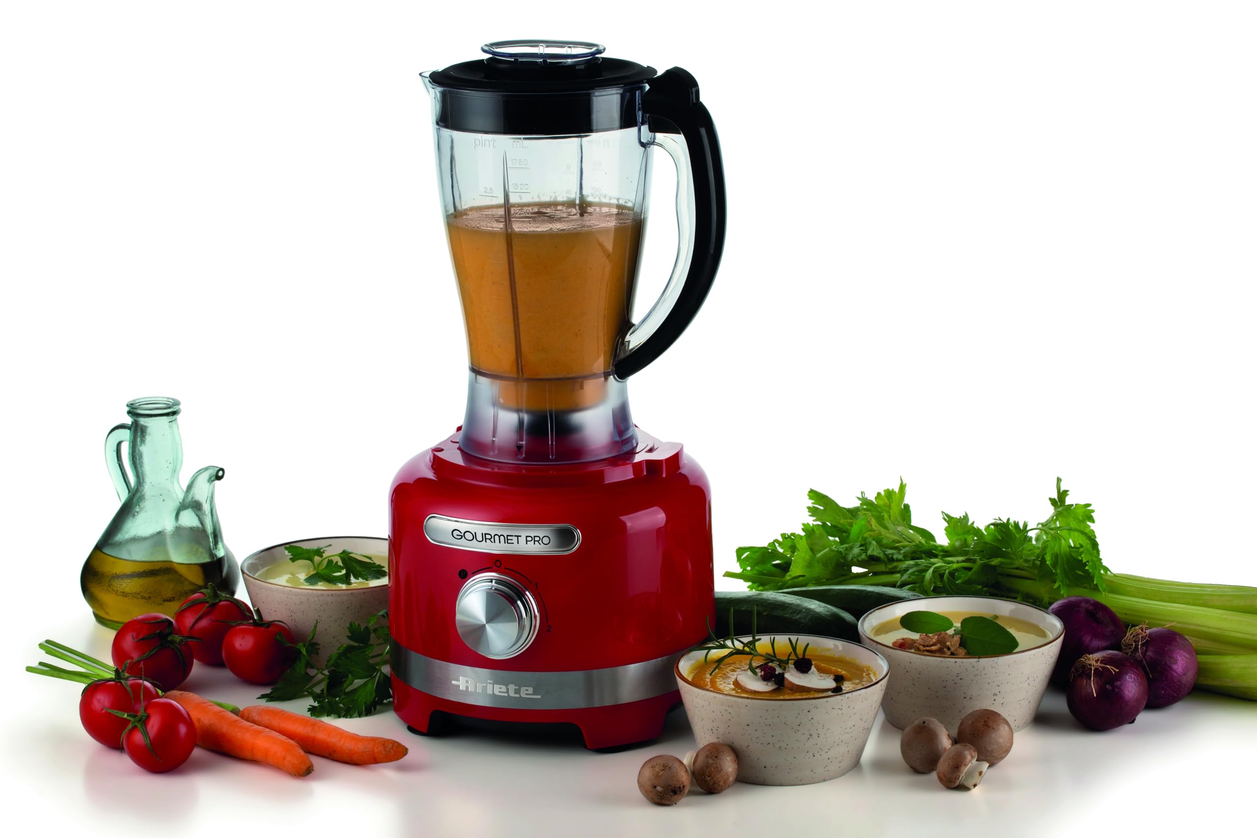 Ariete 1782 Gourmet Pro Moderna, Robot da cucina, Tritatutto 3L, Frullatore 2L, 2 velocità + Pulse, Set di lame + Disco in acciaio inox, Accessorio spremiagrumi, Rosso