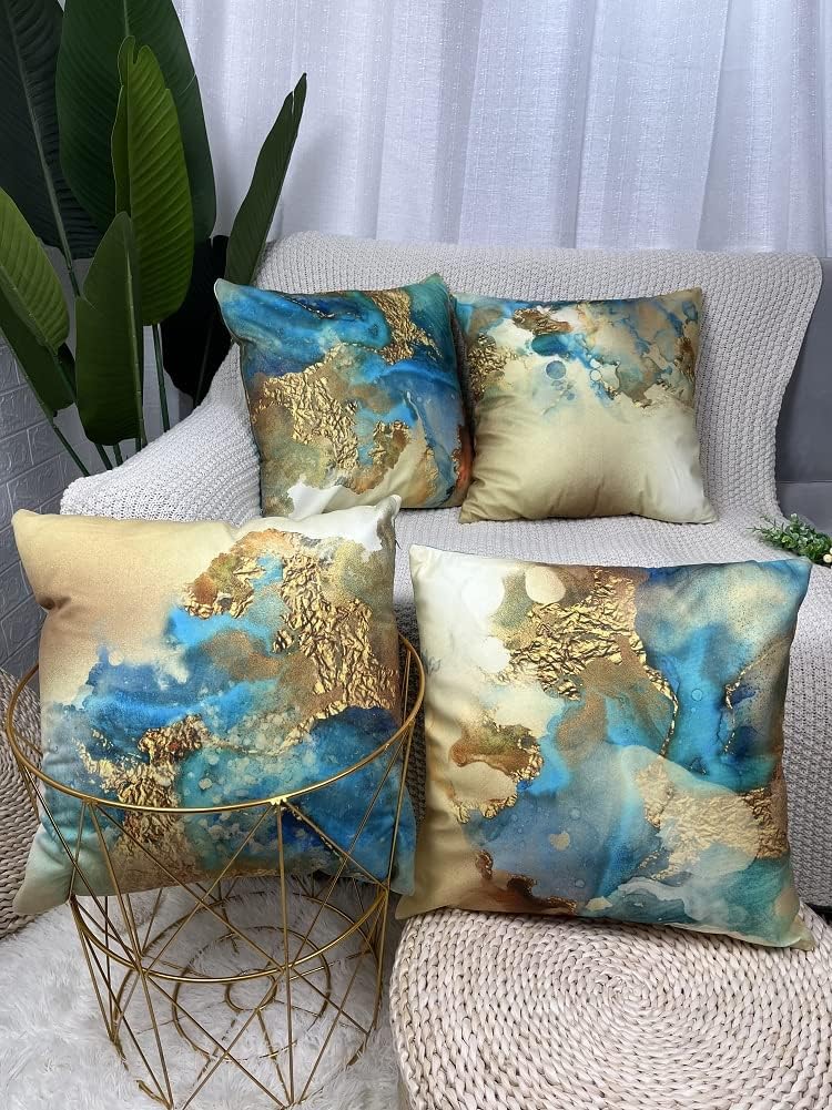 Jasfura Fall Teal Gold Throw Pillow Covers 20x20Inch Soft Velvet Double Sides Printed Pack of 4 Boho Cushion Covers Farmhouse Decorative Pillowcases for Living Room ,Sofa ,Bed and Car (4pcs,20x20Inch)