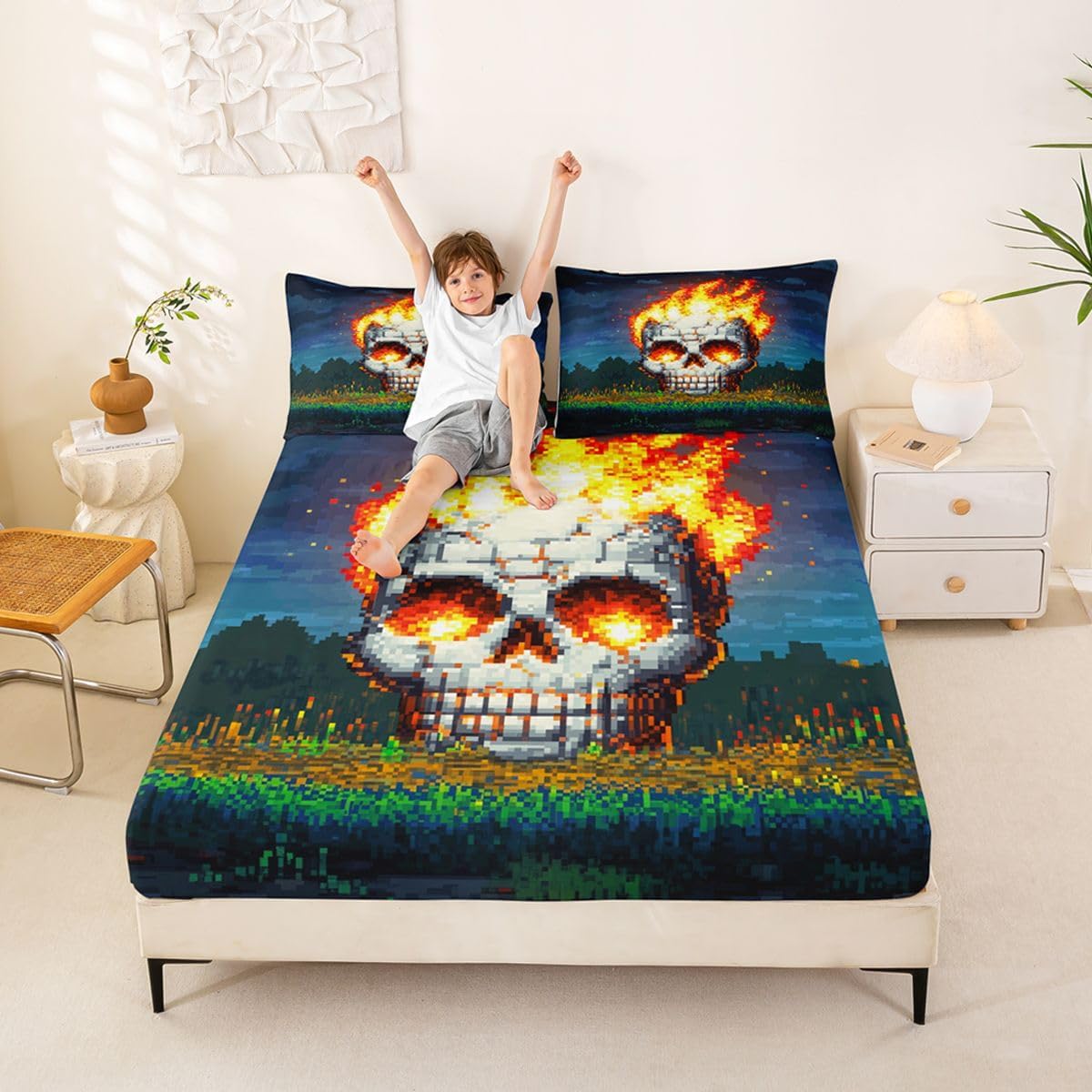 Erosebridal Pixel Plaid Skull Bed Sheets Queen Gothic Fire Skull Fitted Sheet Pixelated Skeleton Bones Bedding Set for Men Women Adults,Halloween Goth Themed Bed Cover 3 Pcs