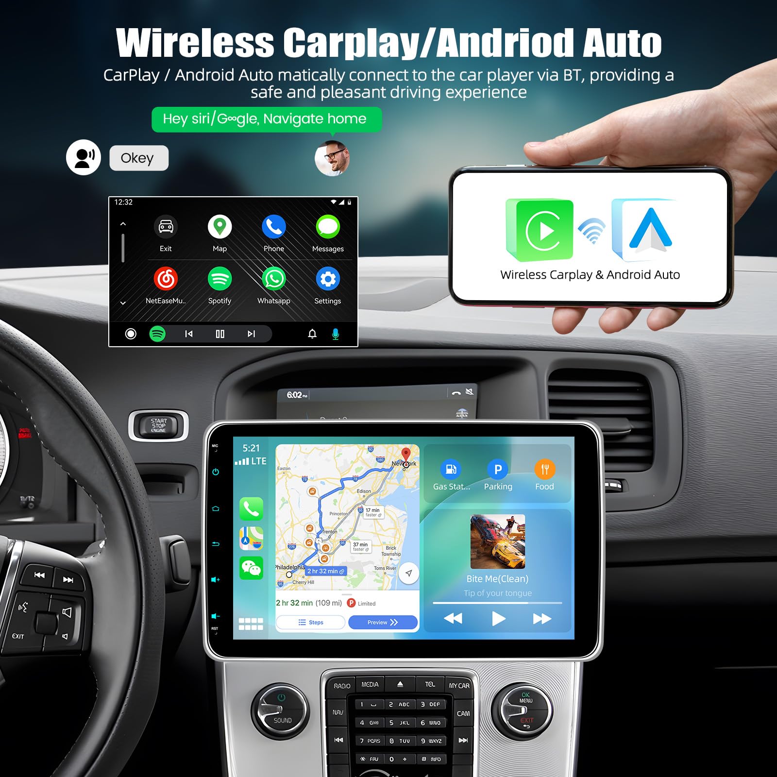 CAMECHO [CARPALY] 1 DIN YouTube Autoradio da 10'' con Schermo Rimovibile e Regolabile, WIRELESS Car Play MP5 per auto con Android Auto Bluetooth FM/RDS EQ Mirror Link +Telecamera