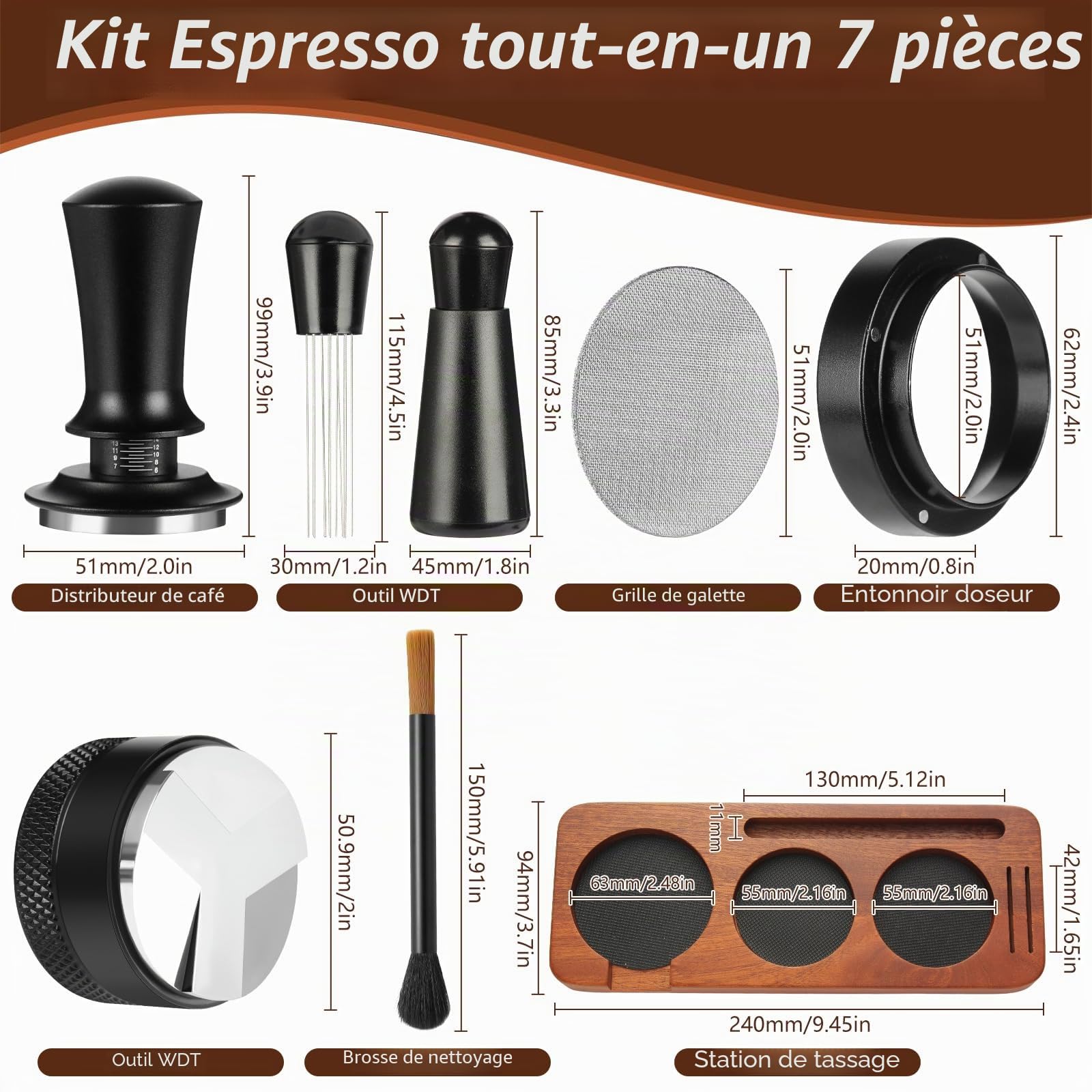 7 pièces Accessoires pour expresso, outils de tamping pour expresso de 51 mm, kit d'accessoires pour machine à expresso avec outil WDT, tampeur à café avec station de tamping en bois pour expresso