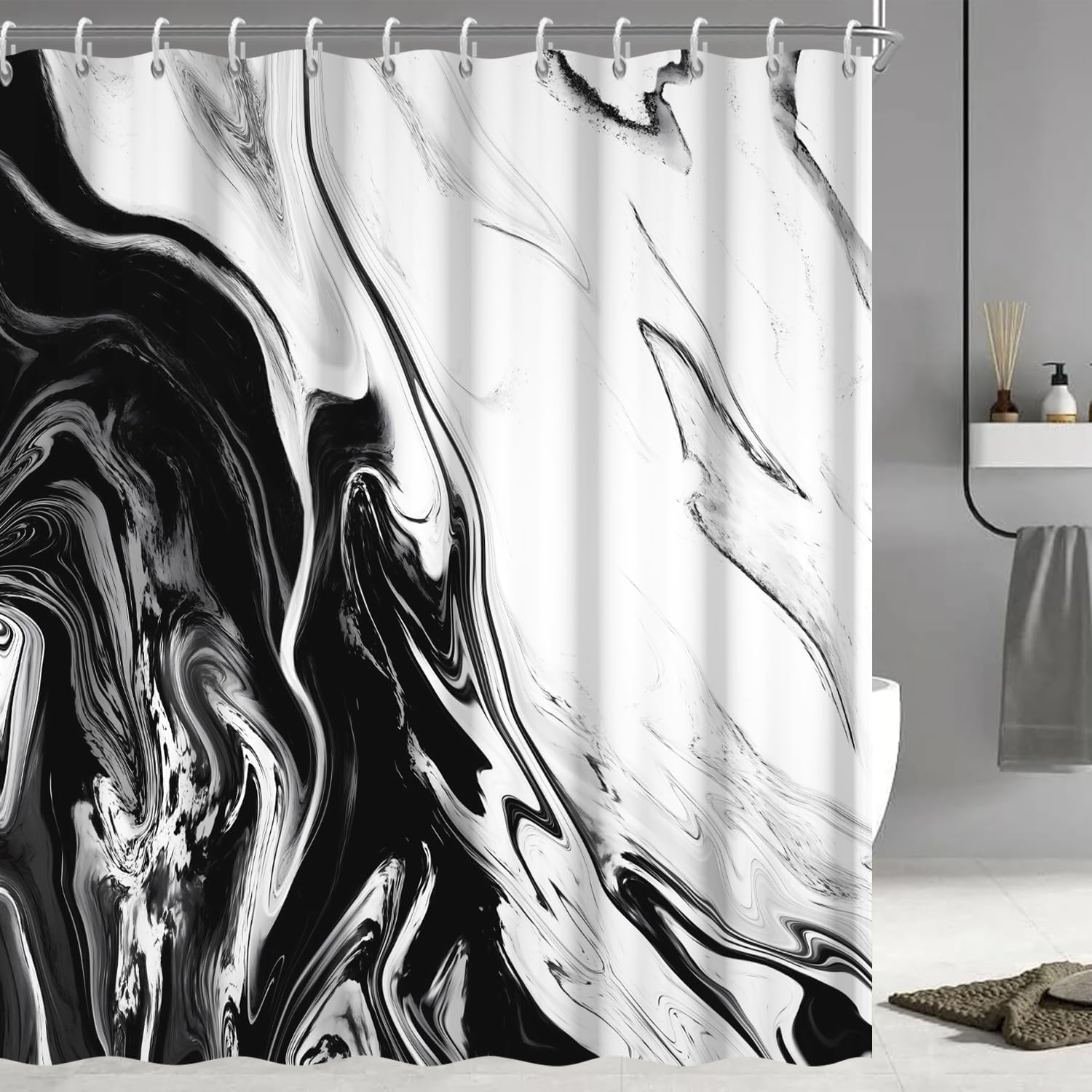 Black and White Shower Curtain, Modern Abstract Black Marble Shower Curtain for Bathroom Aesthetic Ink Texture Waterproof Shower Curtain Set with Hooks, 72x84 Inch