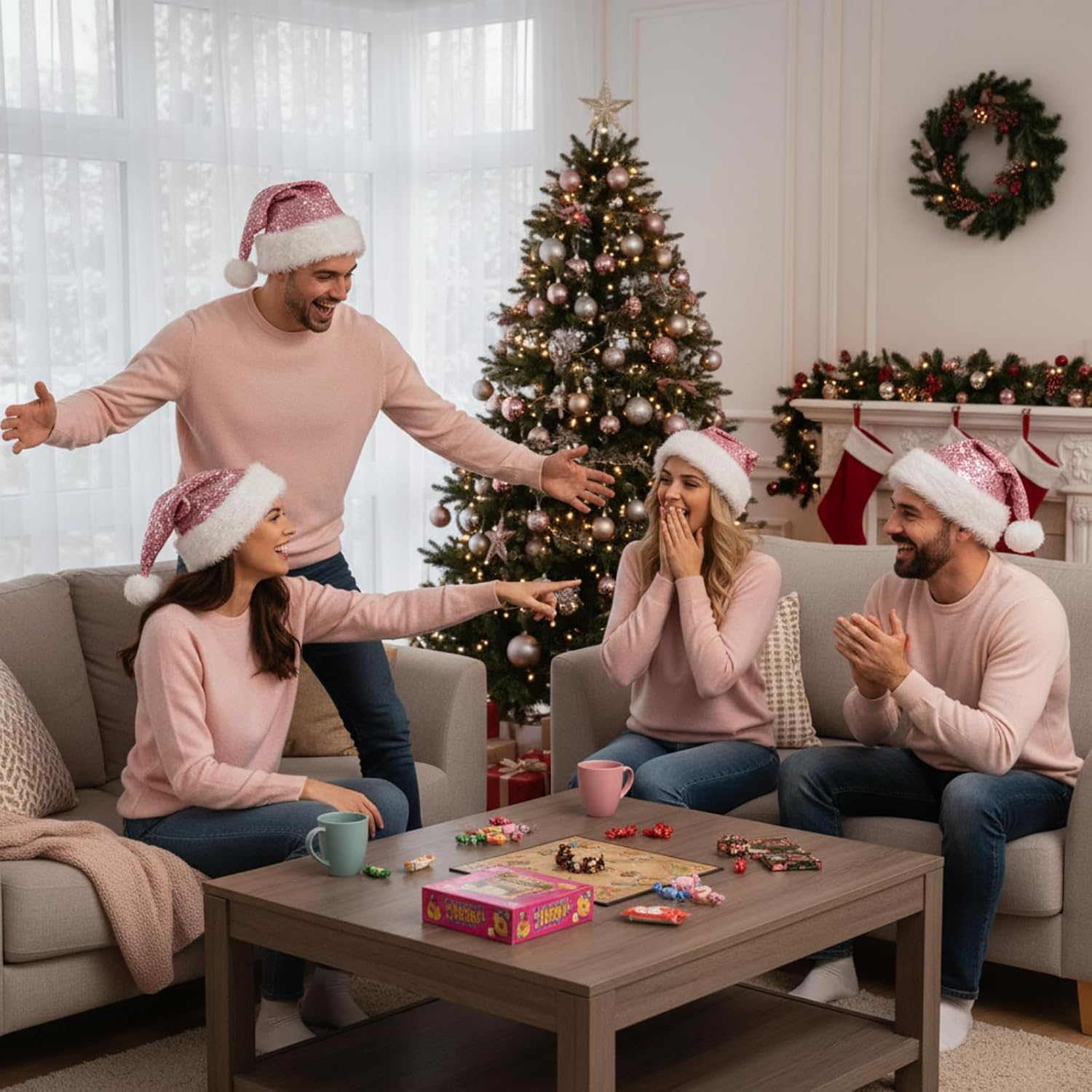 4 Pcs Adult Sequin Santa Hat Unisex Shiny Christmas Santa Claus Hat with Lining Plush Brim for Women Men
