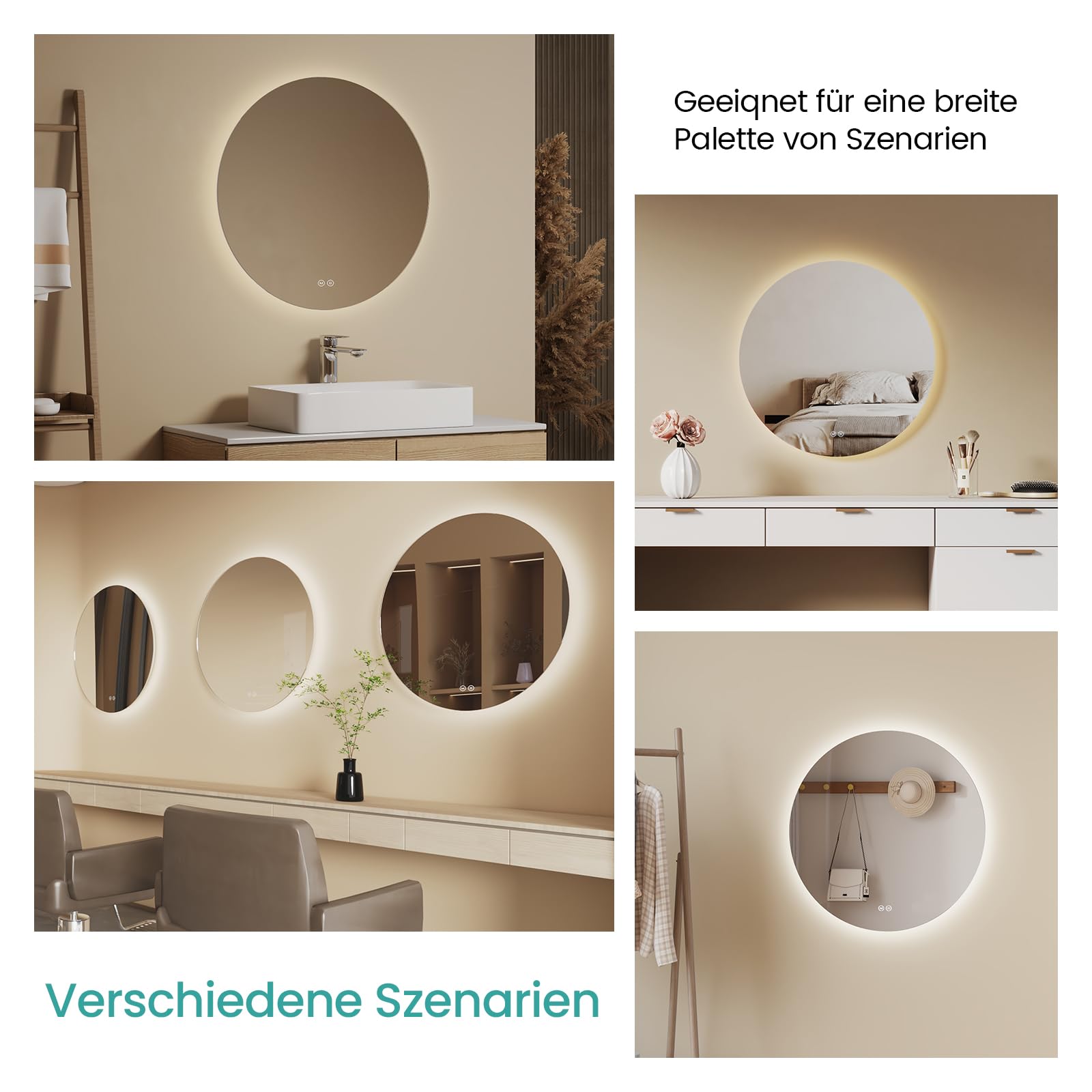 EMKE Runder Badspiegel mit Beleuchtung 60 cm – Spiegel mit 3 Lichtfarben, dimmbar, Touch, Memory-Funktion, energiesparend – Badezimmerspiegel & Wandspiegel