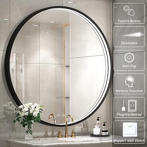 Miniatura 3 de FTOTI Espejo redondo con marco negro LED de 32 pulgadas, espejo de baño redondo con luz, espejo de tocador iluminado montado en la pared,