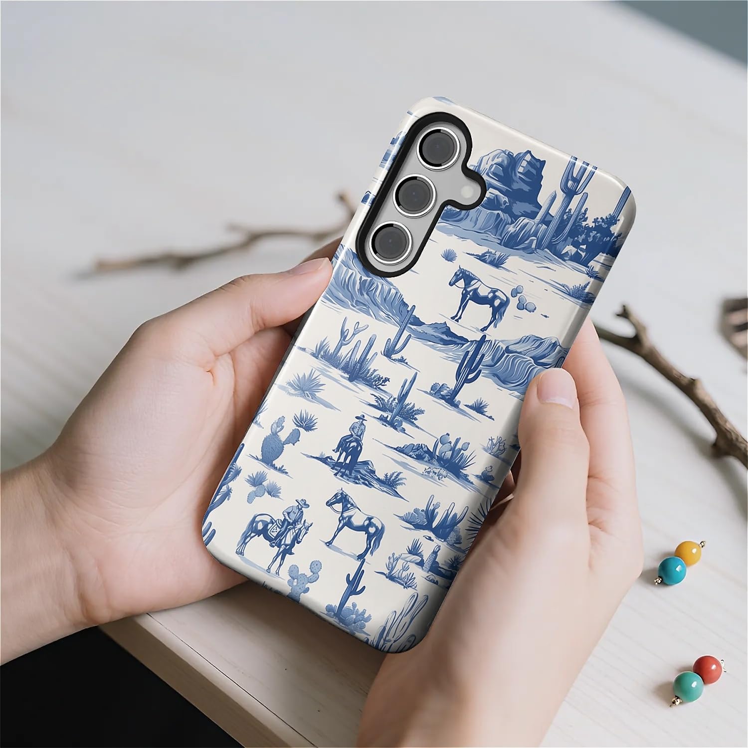 do Samsung Galaxy S25 etui, hybrydowe 2-warstwowe silikonowe ochronne błyszczące etui dla dziewcząt kobiet do Samsung Galaxy S25 zachodni kowboj koń krowa pustynia kaktusy wzór