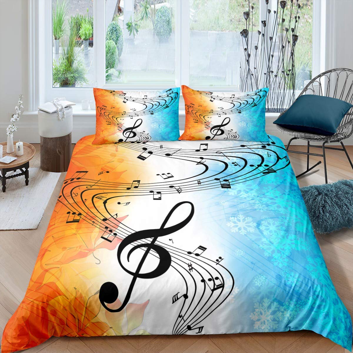 Musical Note Bedding Duvet Cover for Boys Girls Teens Bedroom Youth Woman Music Theme Comforter Cover Orange Blue Quilt Cover With Pillowcase Zipper Ties Decor 3 Pcs Super King Size — image 1