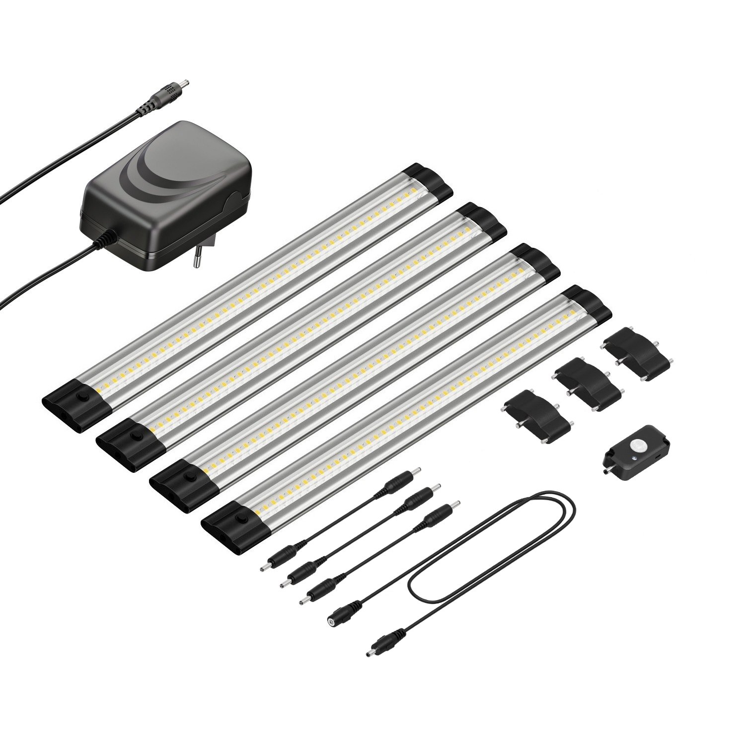 parlat LED Unterbau-Leuchte Siris, Bewegungsmelder, flach, 30cm, je 368lm, warm-weiß, 4er Set