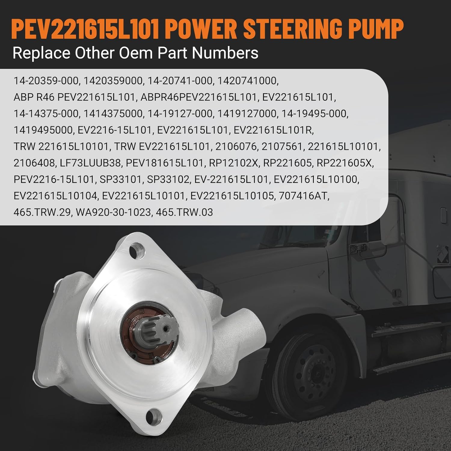Power Steering Pump for Freightliner 60 DDA Century, Columbia, FLD & M2 Class, Detroit 60 series 14.0L Engine, Part# EV221615L101, 14-20741-000 (Left Rotation)