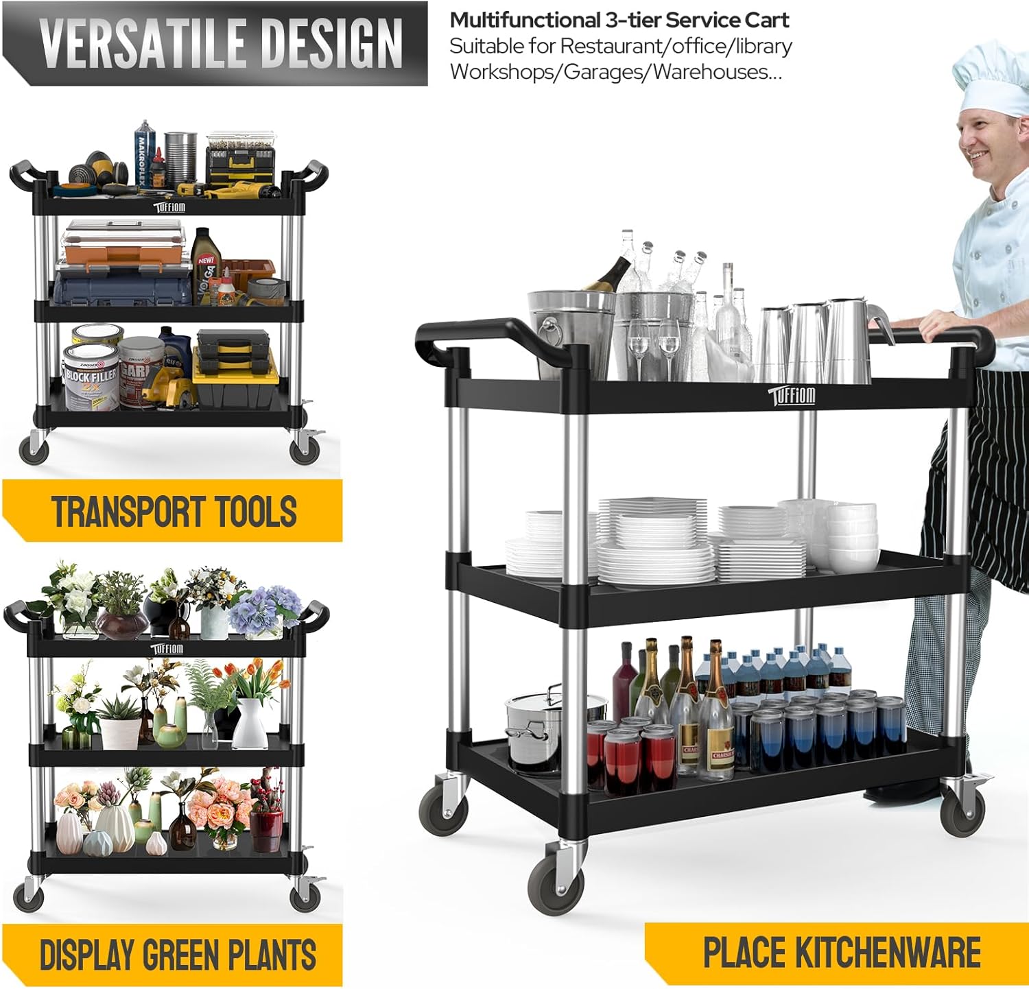 3-Tier Commercial Utility Cart with Wheels, Heavy Duty Rolling Plastic Service Cart, 450 lbs Capacity for Foodservice, Restaurant, Cleaning, Workplace, 42.1'' x 20.1'' x 38.2''
