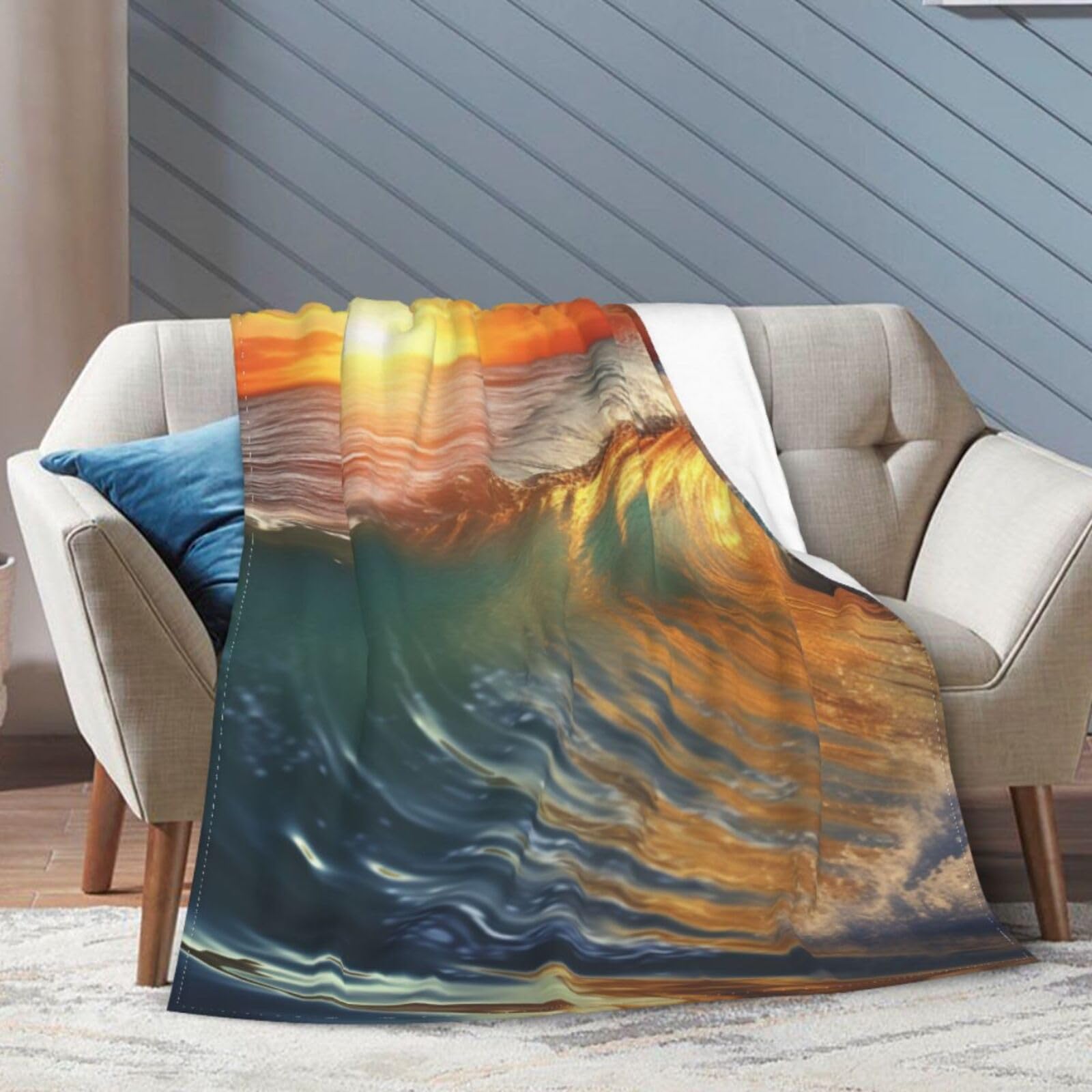 Couverture pelucheuse double face KHiry ultra douce et design coucher de soleil océan