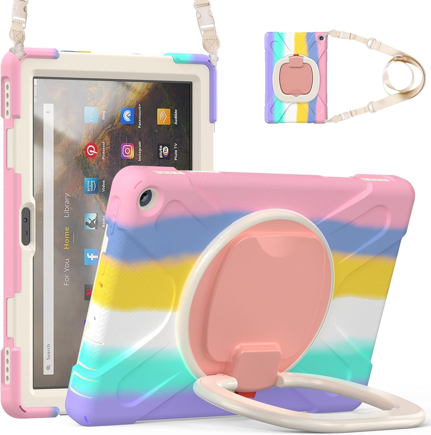 Rugged Protective Case Compatible with Amazon Kindle Fire HD 10&10 Plus 11/13th Gen 10.1 inch, Military-Grade Shockproof Cover with 360° Rotating Stand & Built-in Screen Protector (C Pink)