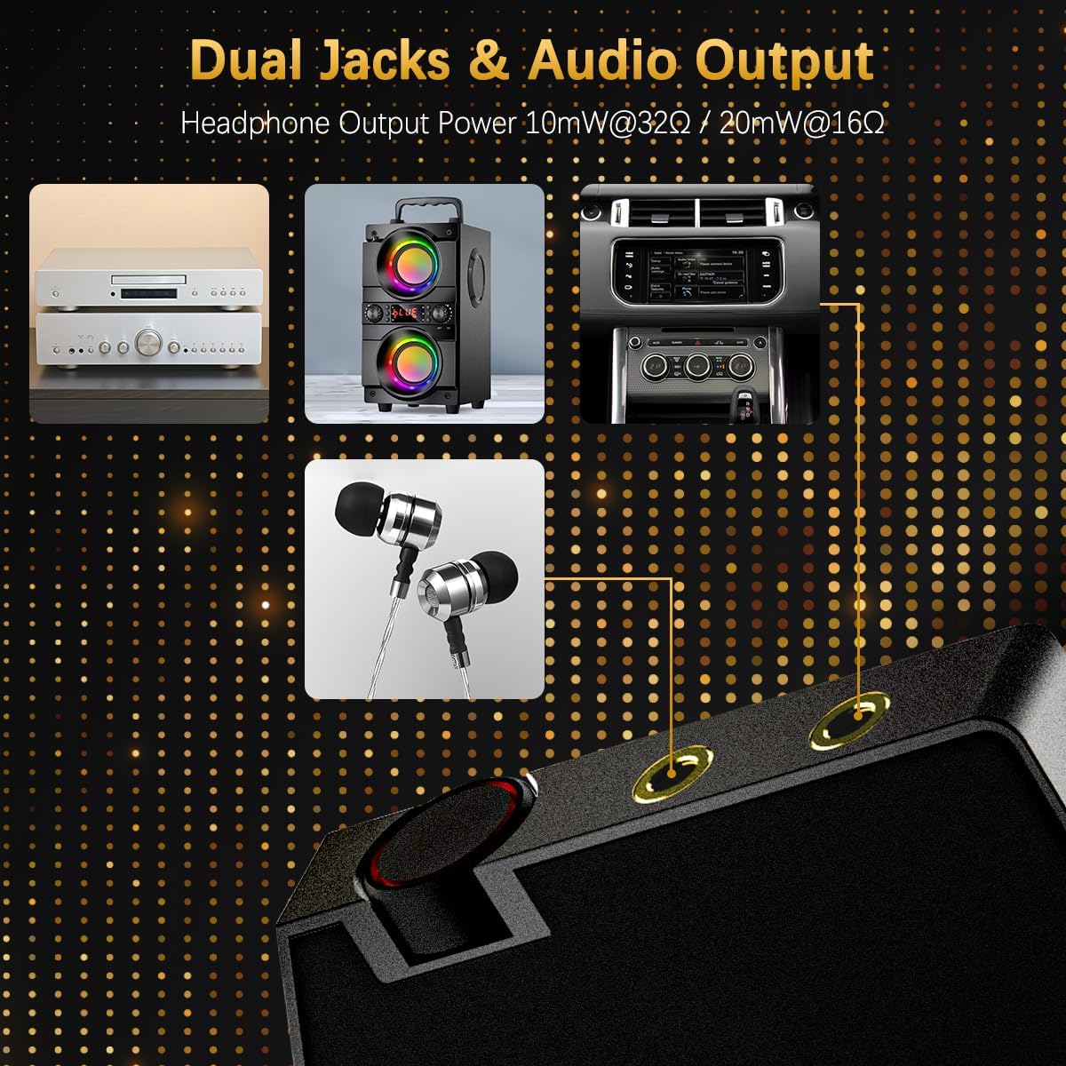 Close-up of the CCHKFEI M22 MP3 Player's top edge showing two 3.5mm audio jacks and a volume knob. Illustrations show connections to headphones, a speaker, and car audio.
