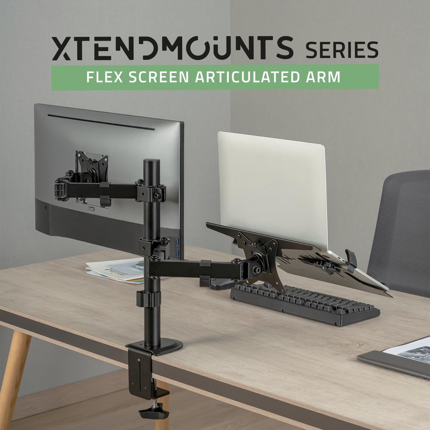AD ADVANCE - XTENDMOUNTS Flex, Support Ecran PC de 17 à 32", Plateau Ordinateur Portable, Compatible VESA 75x75/100x100, Hauteur & Inclinaison Ajustable, Tablette Rangement & Support Smartphone