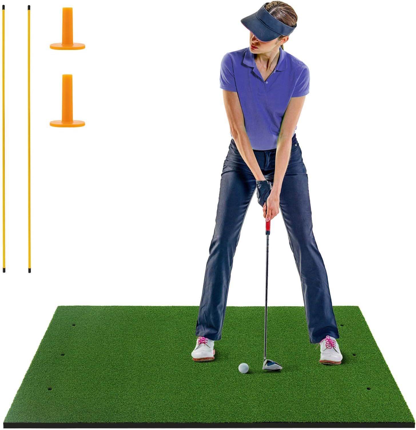 Golf Hitting Mat, 5 x 3 FT/5 x 4 FT Artificial Turf Mat with 2 Rubber Tees and 2 Alignment Sticks, Golf Training Mat for Home Backyard Garage