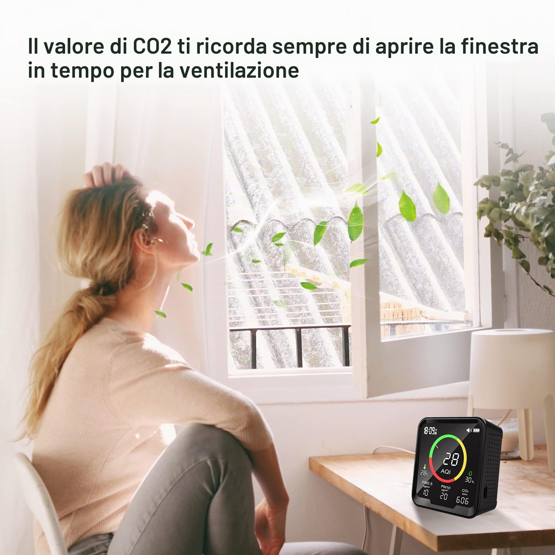 Multifunzione Misuratore Qualità Dell'aria Rileva PM 2.5, PM 10, CO2, AQI, Temperatura e Umidità, Misuratore di CO2 Per Interni NDIR Integrato e Sensore di Particelle Misuratore CO2