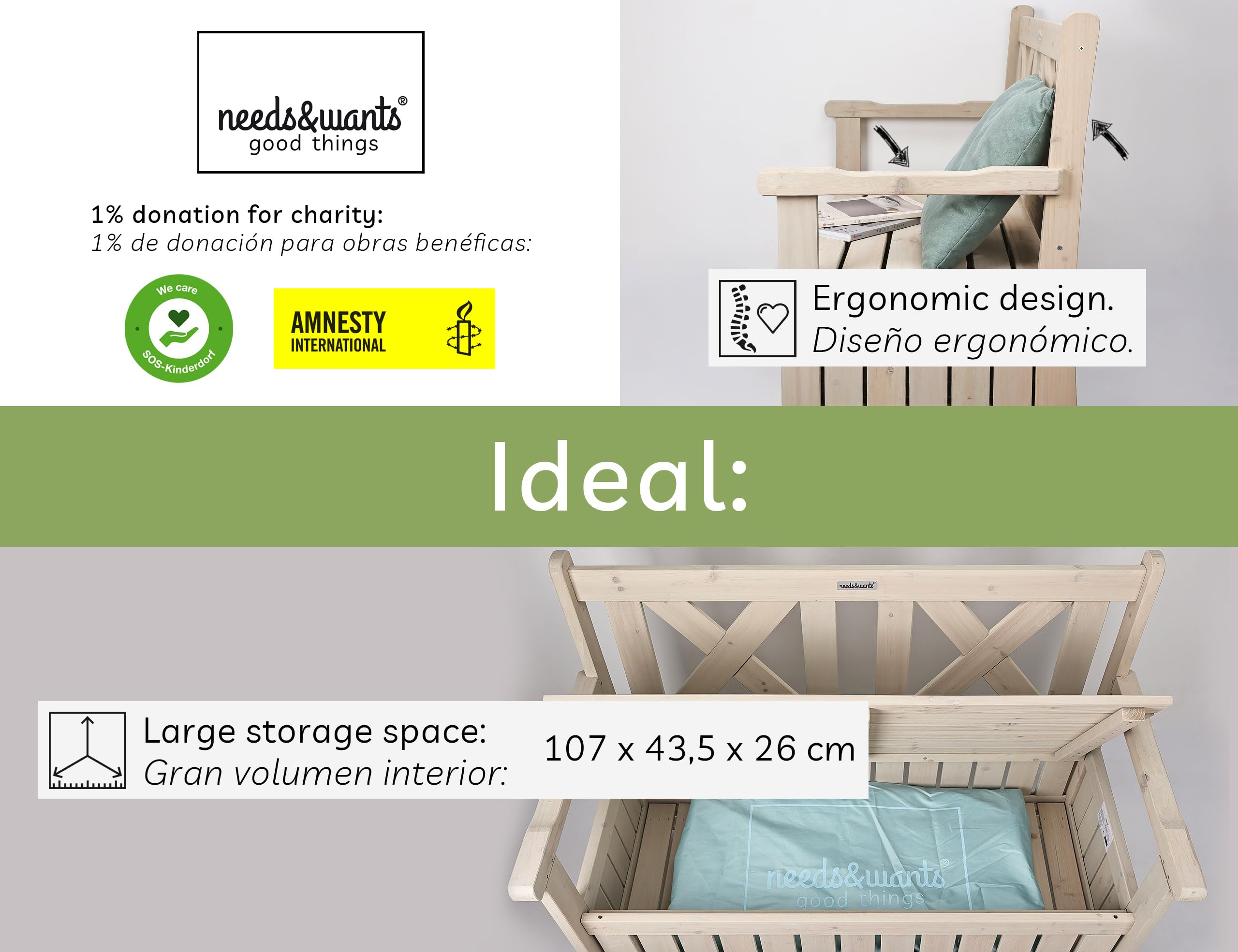 needs&wants® Banco de jardín de madera resistente a la intemperie con espacio de almacenamiento y cubierta, banco de 2 plazas, banco de madera maciza, banco de parque, banco de jardín macizo con baúl,
