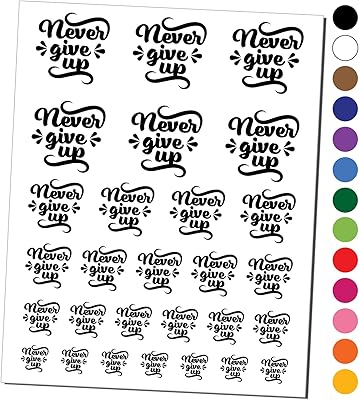 Never Give Up Motivational Temporary Tattoo Water Resistant Fake Body Art Set Collection - Black (One Sheet)