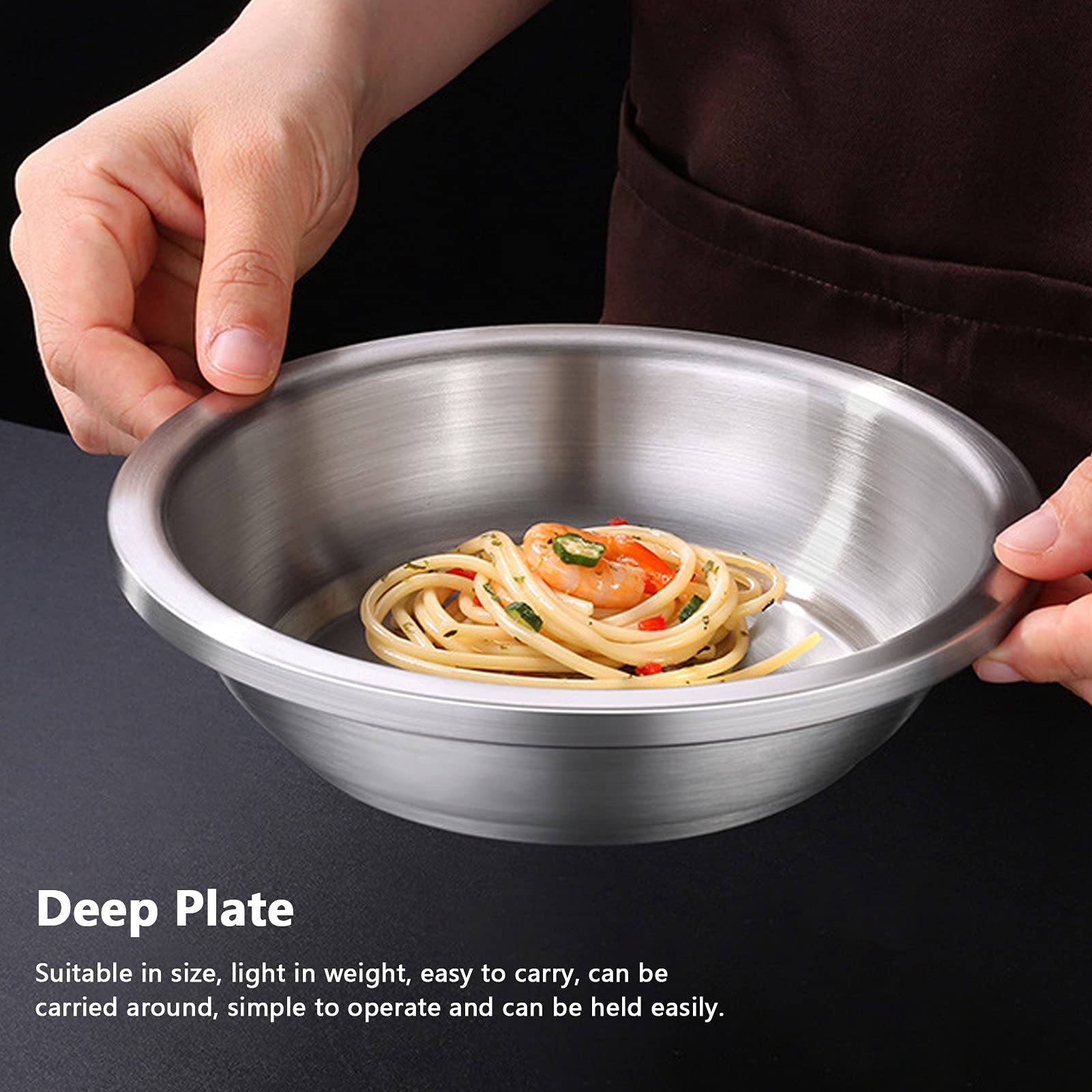 BORDSTRACT Piatti da Portata In Acciaio Inox, Piatti Rotondi Grandi e Resistenti, Ciotole Profonde per Minestra, Insalata, Antipasti, Dessert, Cibo da Campeggio, Cucina e Casa(26cm)