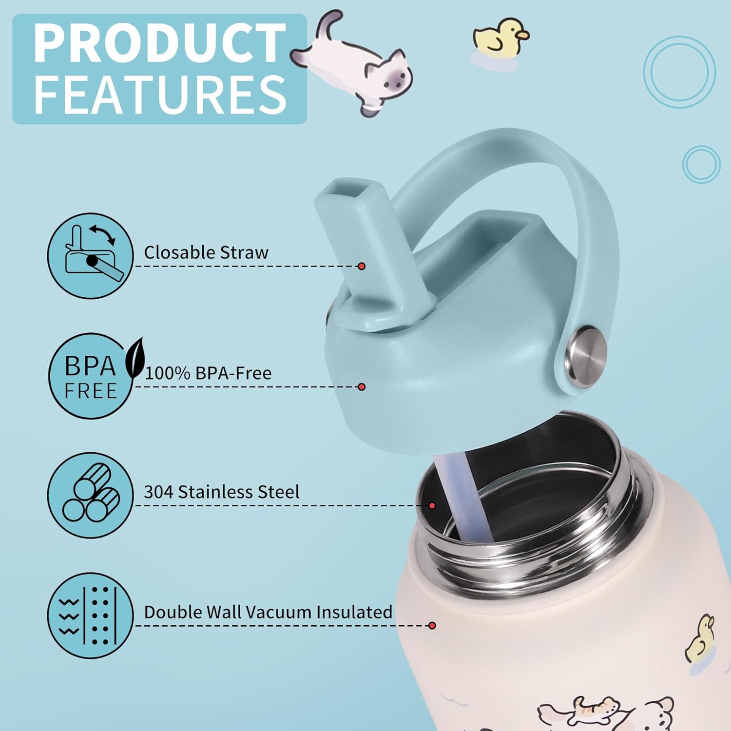 Goetland 20 oz Insulated Water Bottle with Straw Lid Stainless Steel Cute Dog Cat Pattern UV Printed Vacuum Double Wall Leakproof Wide Mouth for Kids Girls Women Light Blue - Image 3