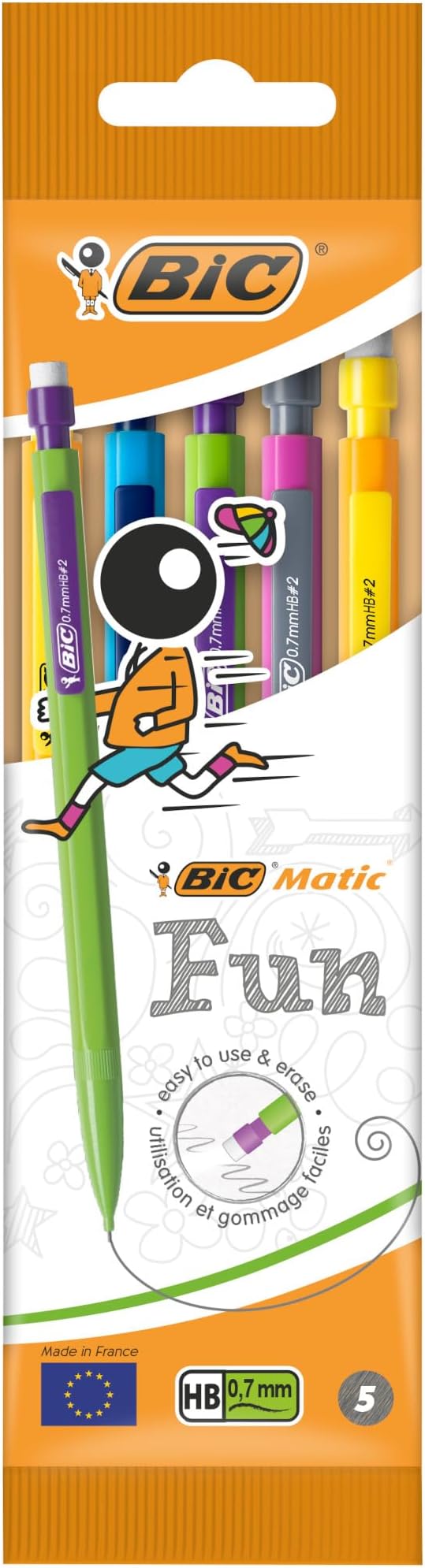 BIC Matic Fun Mechanical Pencil Set - HB 0.7mm Retractable Pencils with Rubbers on the End - Mixed Colours Pack of 5